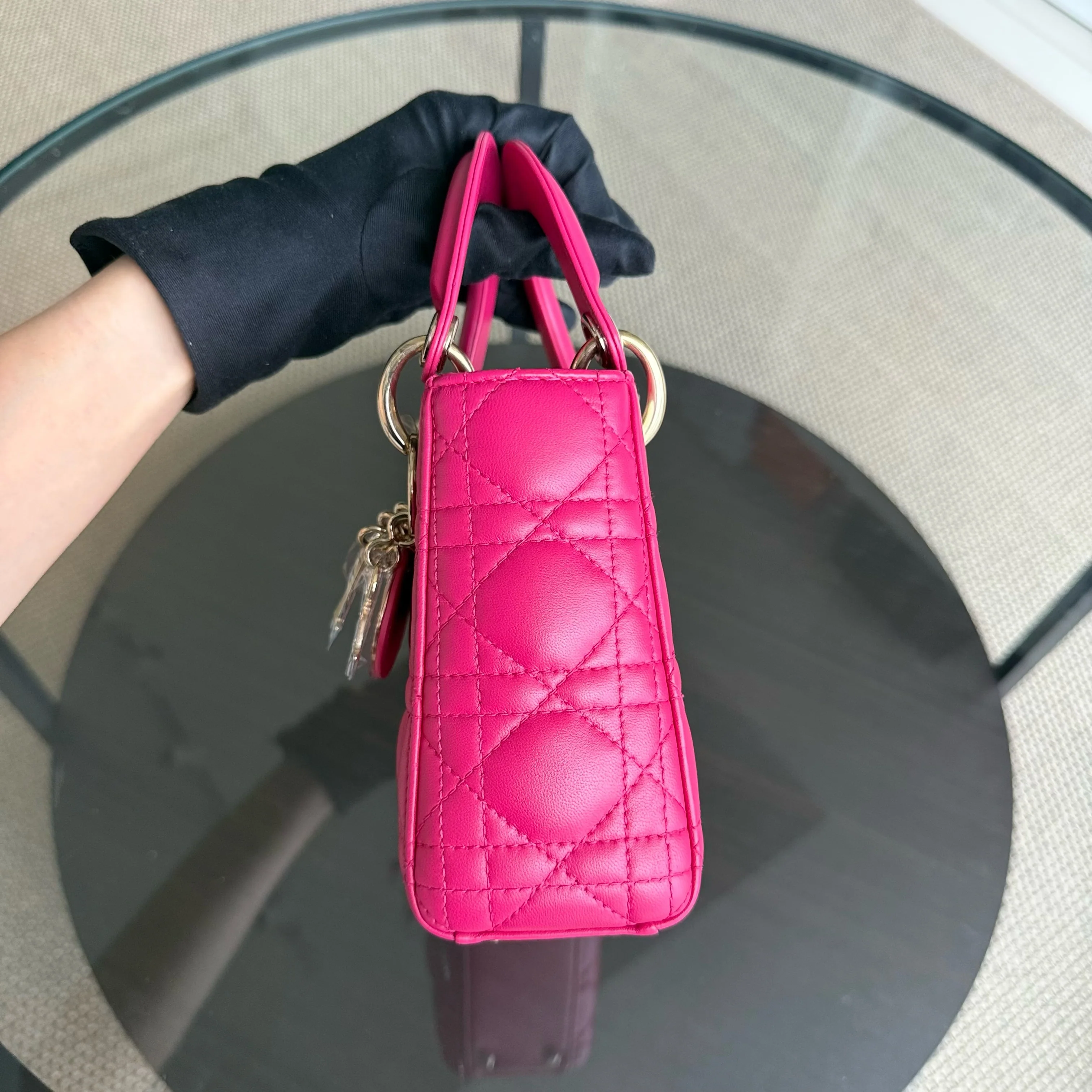 Dior Lady Mini - Cannage Lambskin Hot Pink Gold Hardware Adjustable Strap