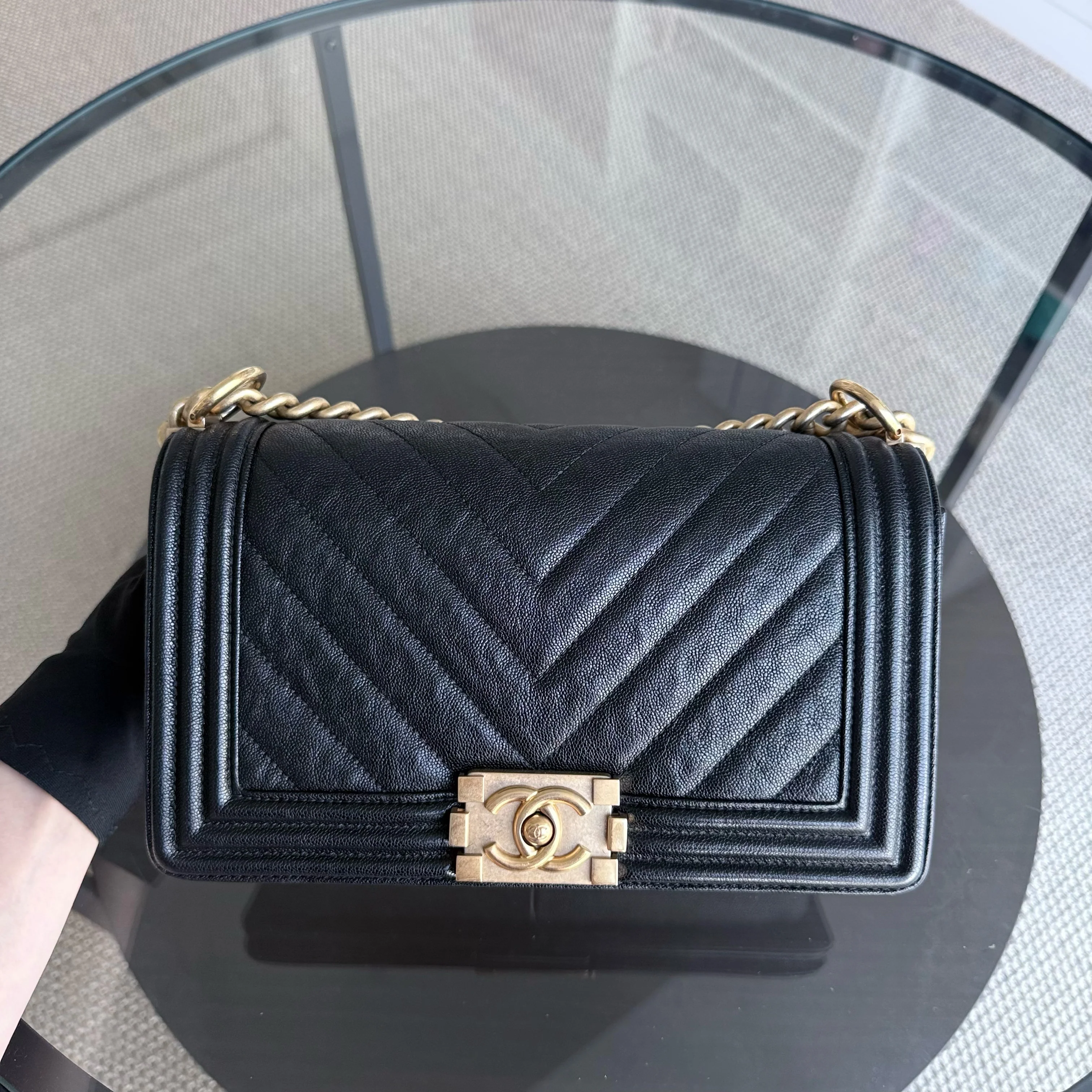 Chanel Boy Medium - Caviar 25CM Chevron Black Gold Hardware