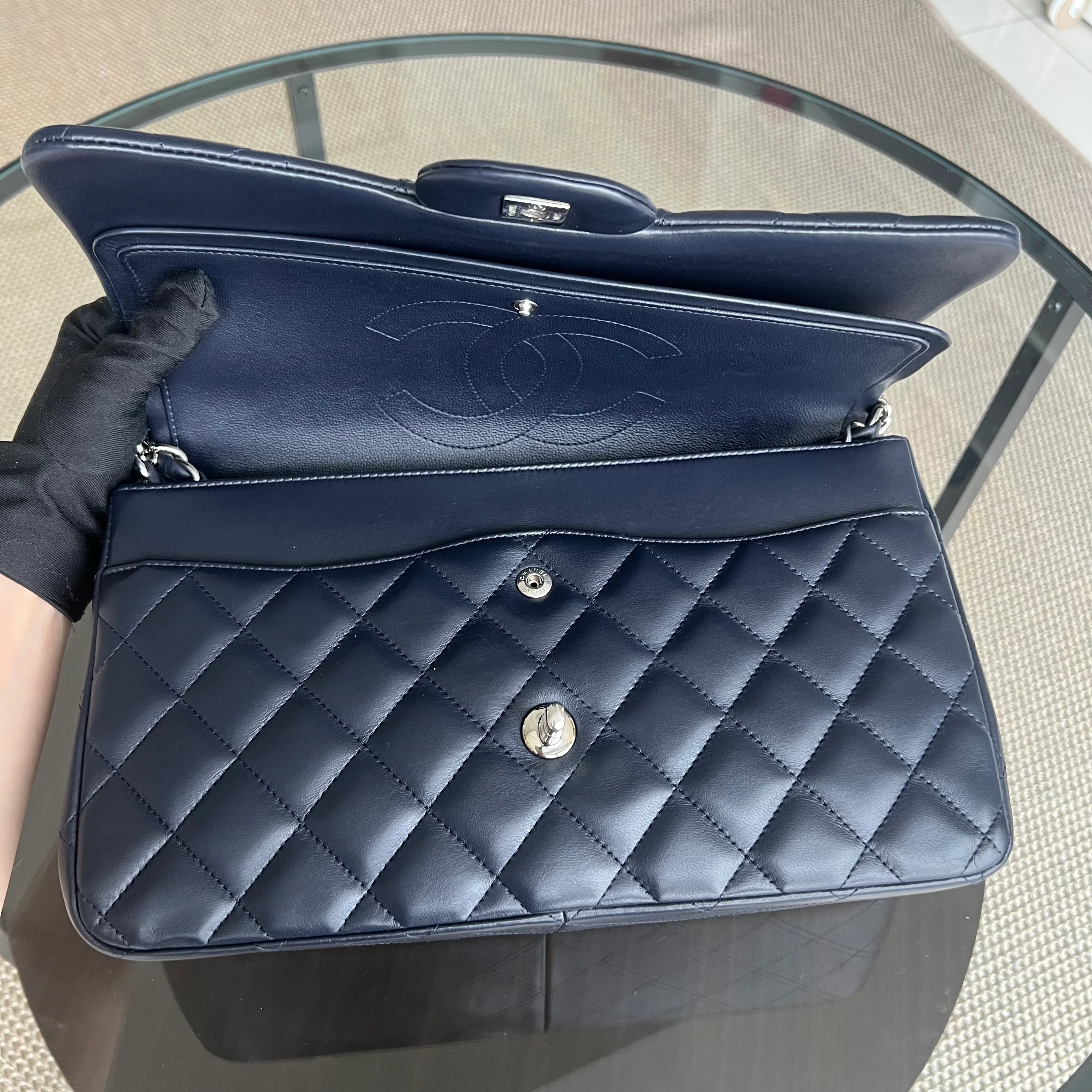 Chanel Classic Flap Jumbo - Double Flap Lambskin 30CM Quilted Dark Navy Blue Silver Hardware Series 23