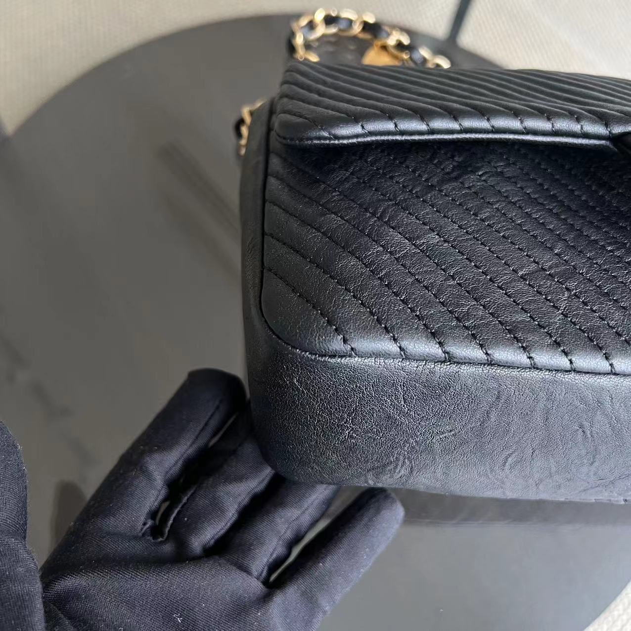 Chanel Herringbone - Medium Seasonal Flap Black Aged Calfskin Golden Hardware Series 19