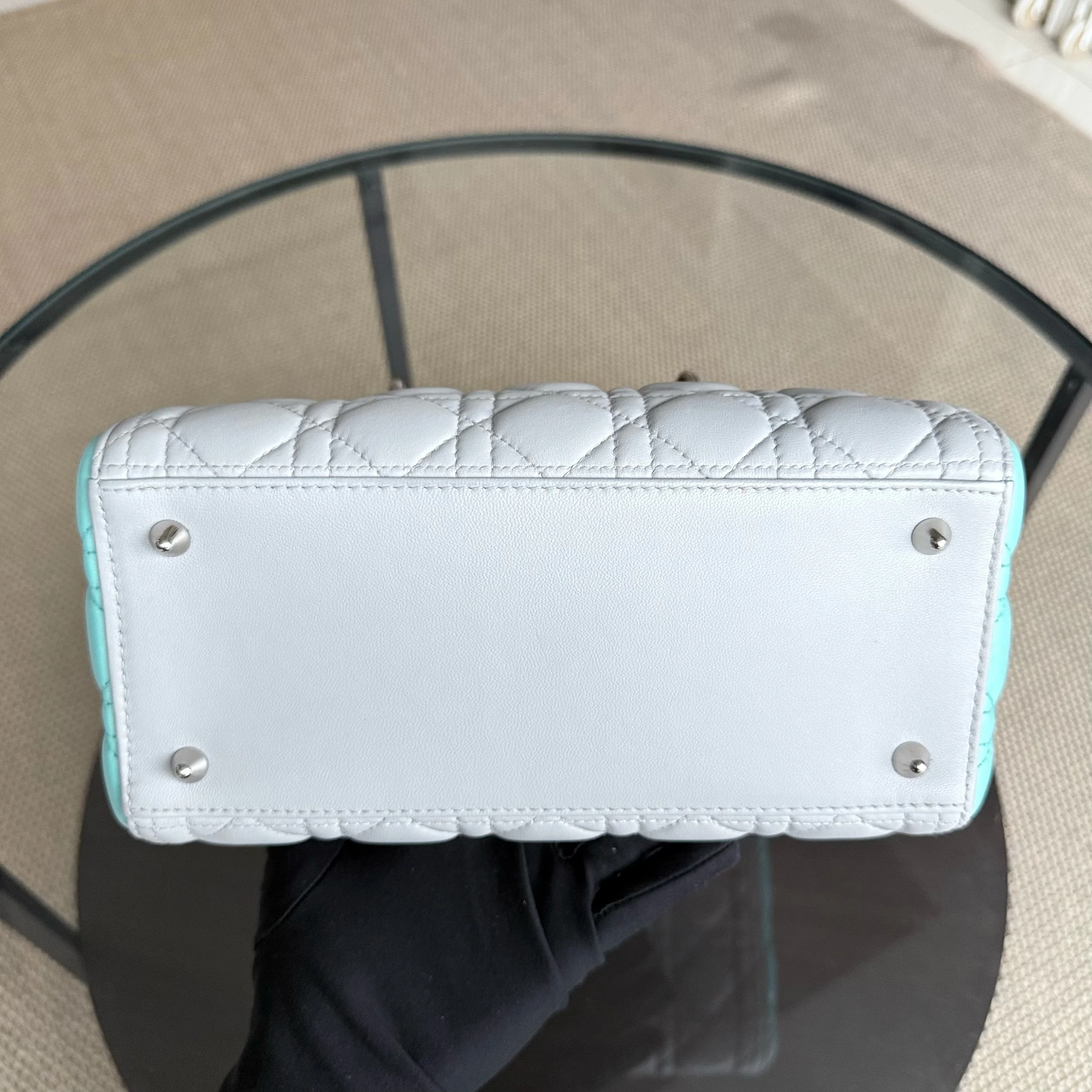 Dior Lady Medium - Cannage Lambskin Bi-Color Cyan Grey Gray Silver Hardware