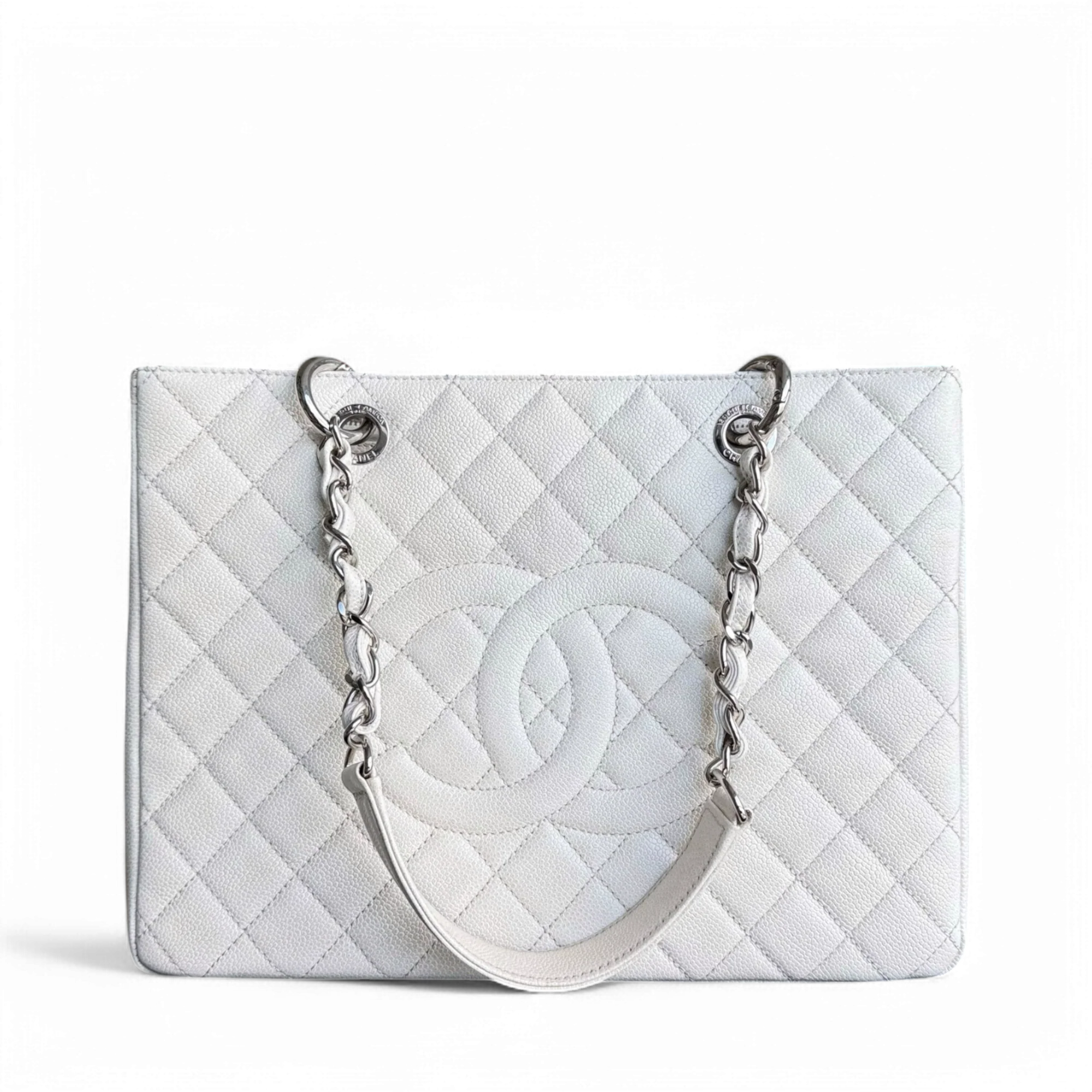 Chanel GST Grand Shopping Tote - Caviar Quilted White Silver Hardware Series 18