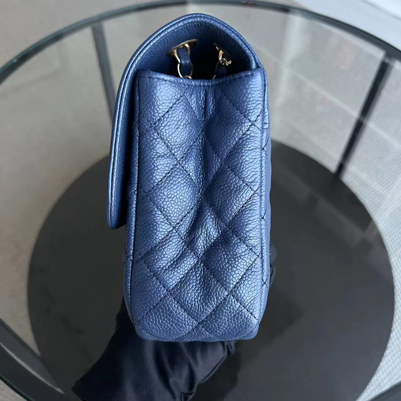 Crumpled Two Tone Flap Grained Calfskin Navy Blue Golden Hardware Series 21