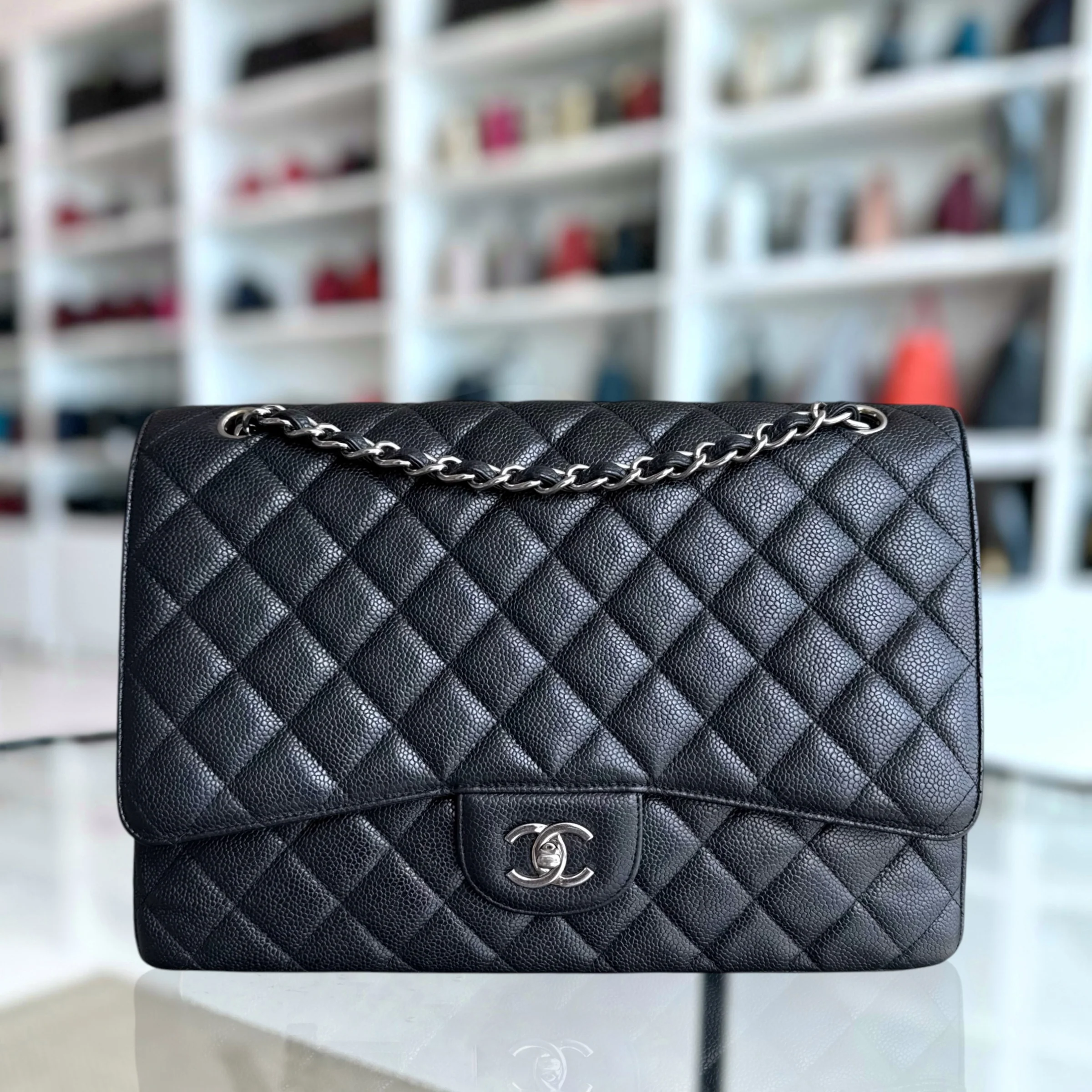 Chanel Classic Flap Maxi - Caviar 33CM Single Flap Quilted Black Silver Harware Series 13