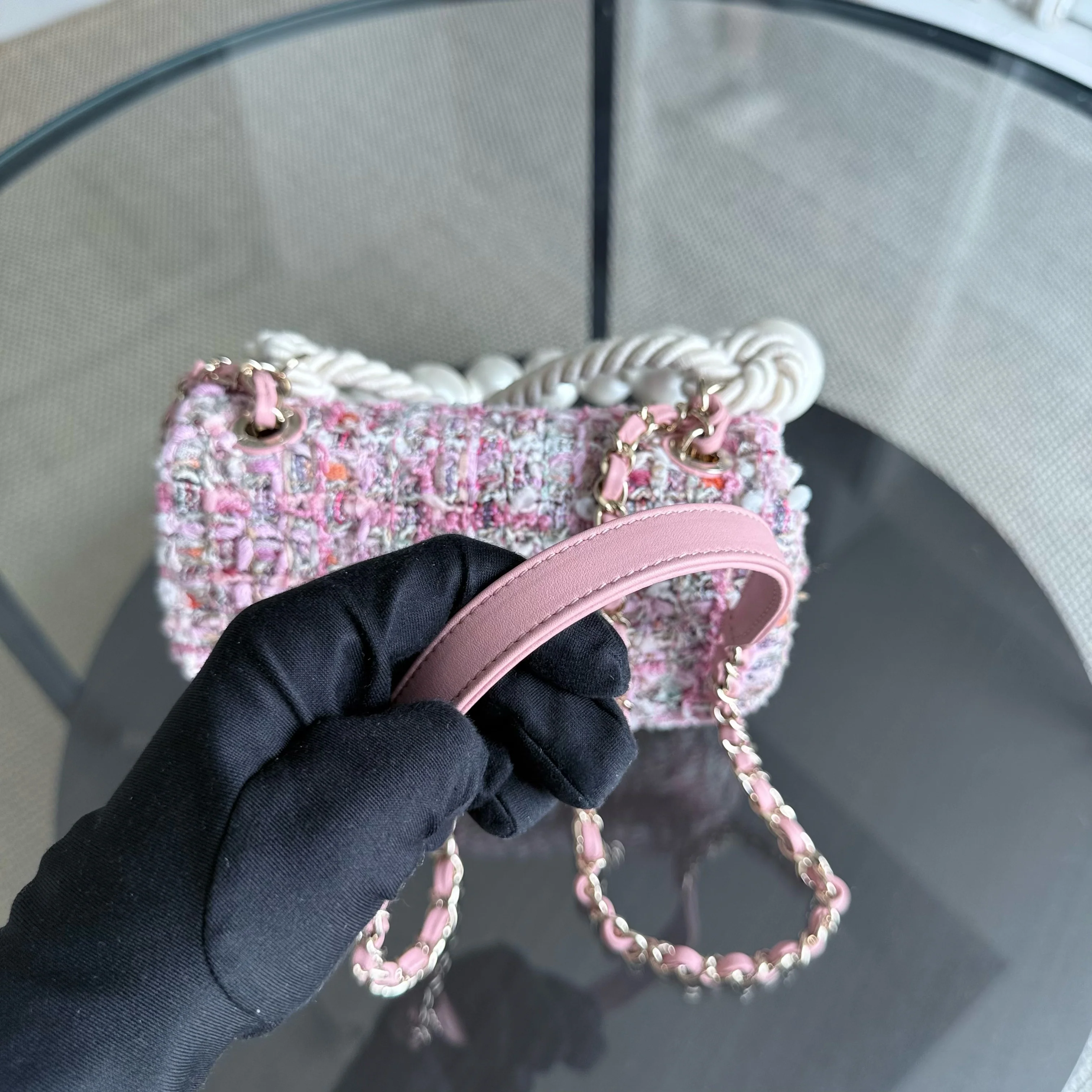 Chanel Classic Flap Mini Square Pearl Tweed - 20CM Pink Gold Hardware Series 27