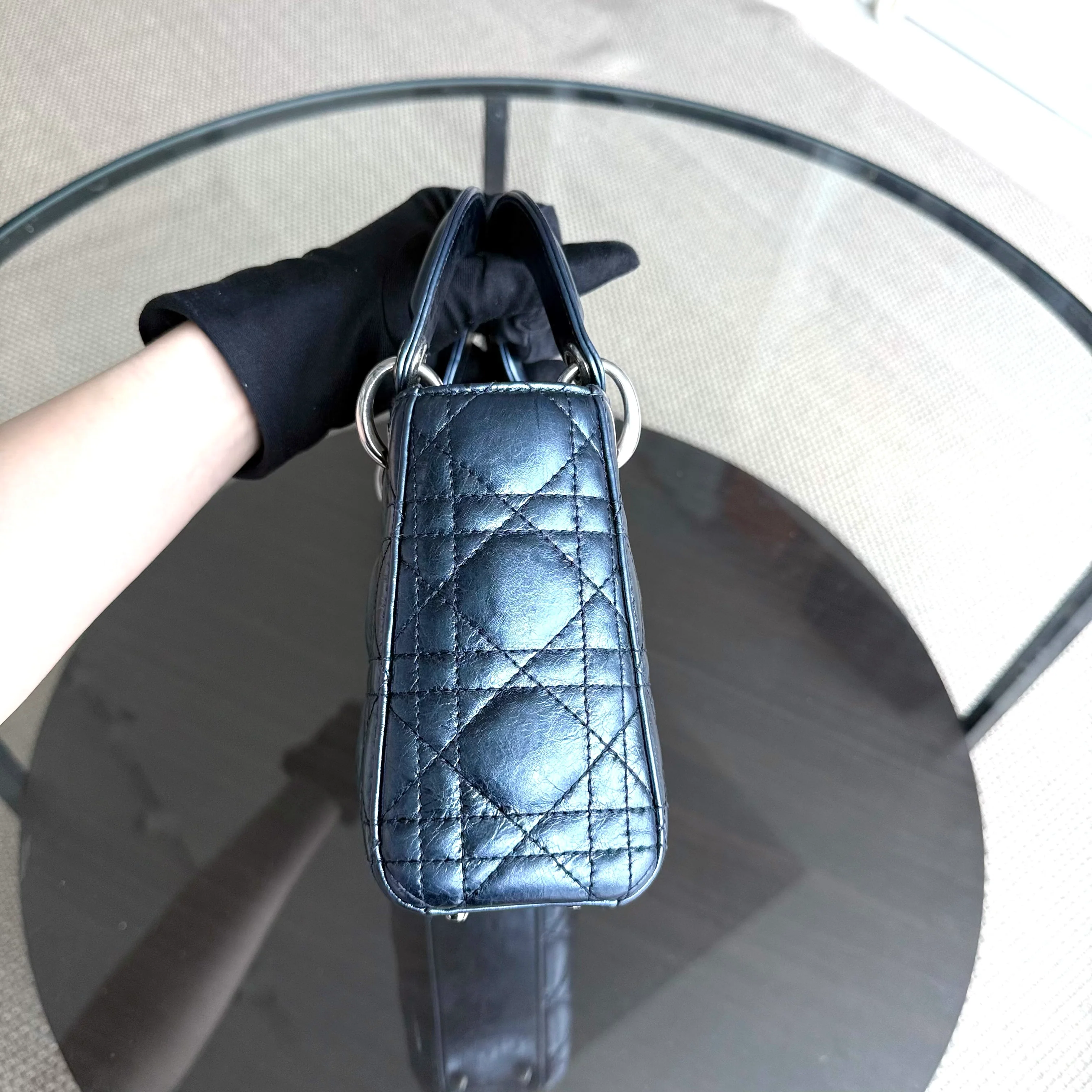 Dior Lady Mini - Cannage Glazed Calfskin Metallic Blue Silver Hardware