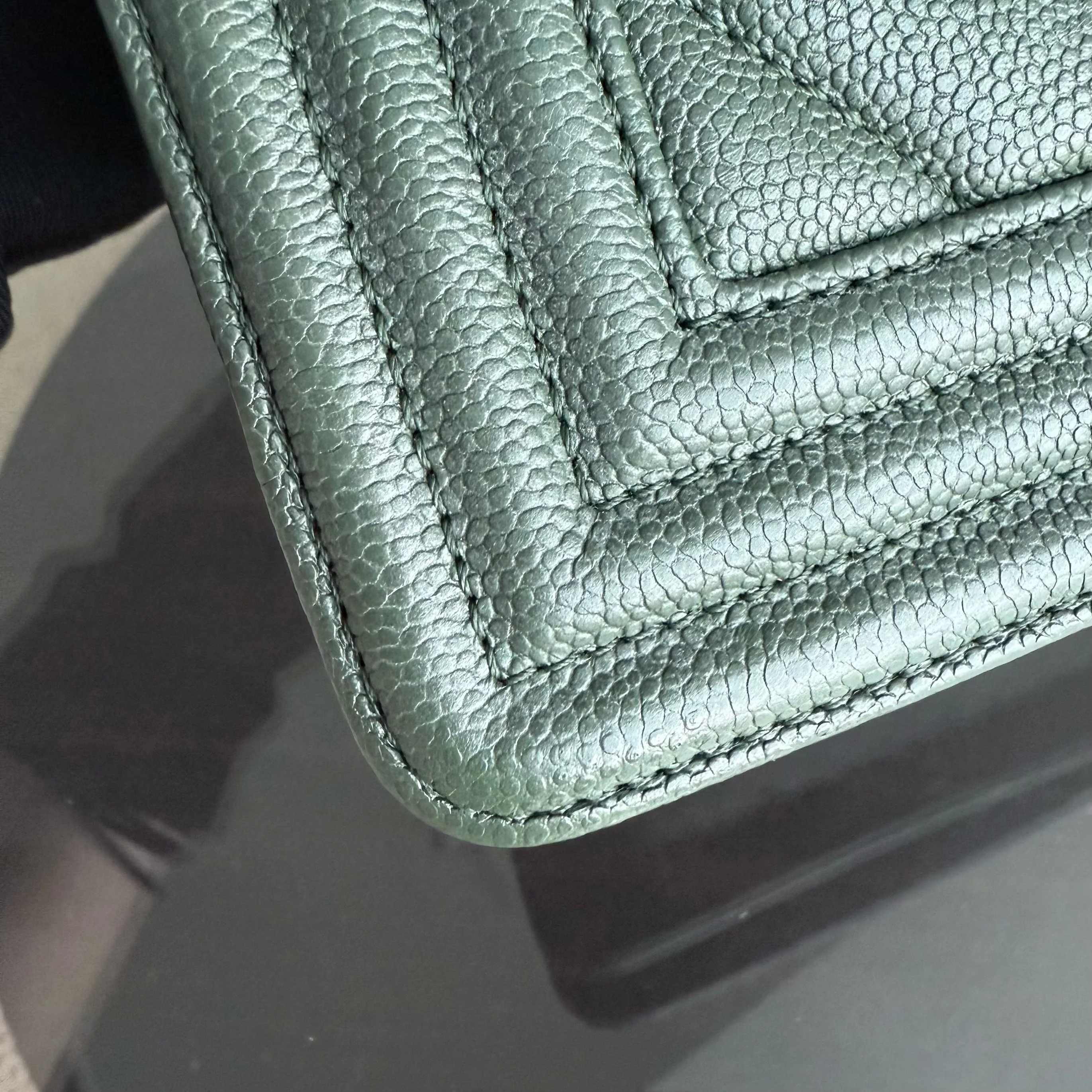 Chanel Boy Medium - Caviar 25CM Chevron Dark Green Ruthenium Silver Hardware Series 26