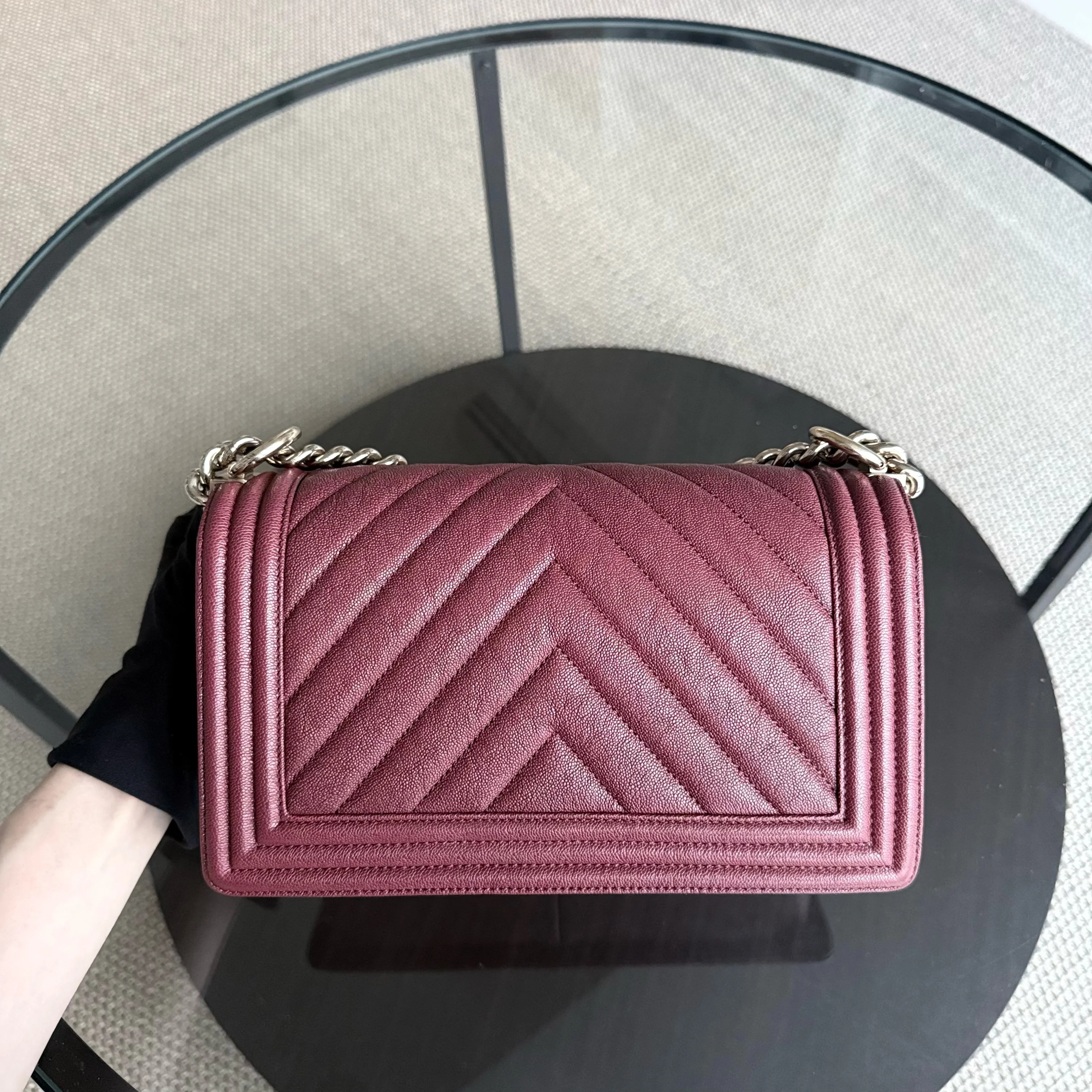 Chanel Boy Medium - Caviar 25CM Chevron Red Gold Hardware Series 28