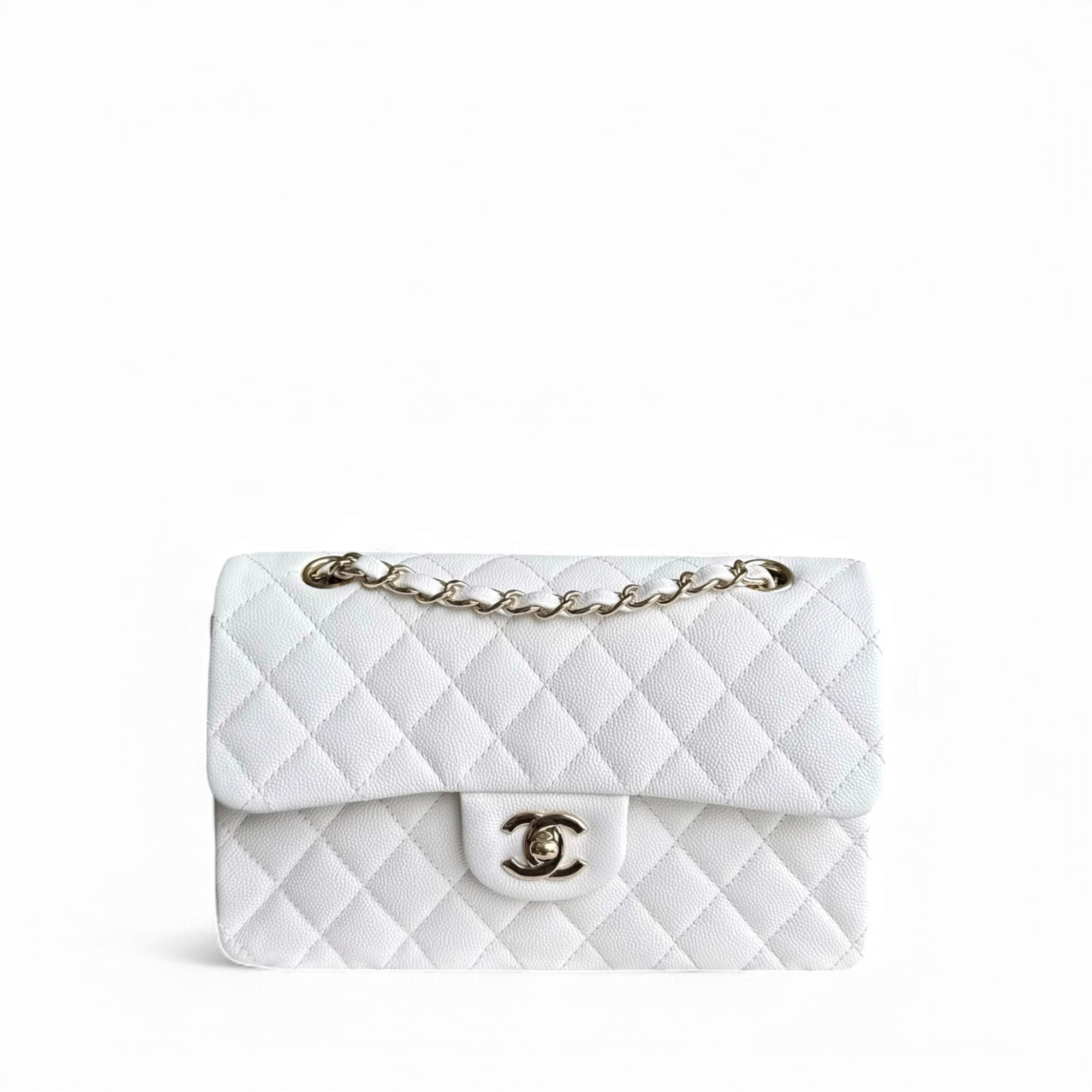 Chanel Classic Flap Small - Caviar 23CM Quilted White Gold Hardware Series 30