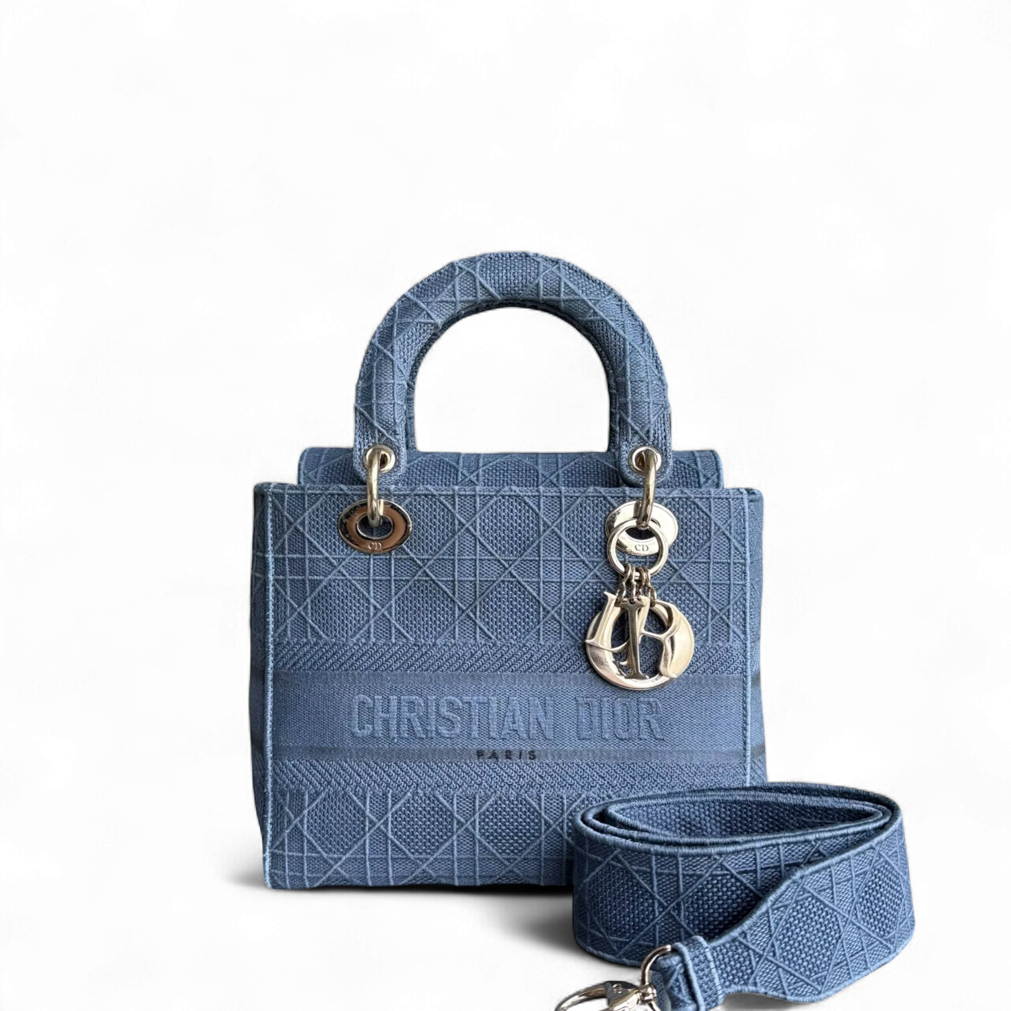 Dior Lady D-Lite - Cannage Embroidered Light Denim Blue Gold Hardware