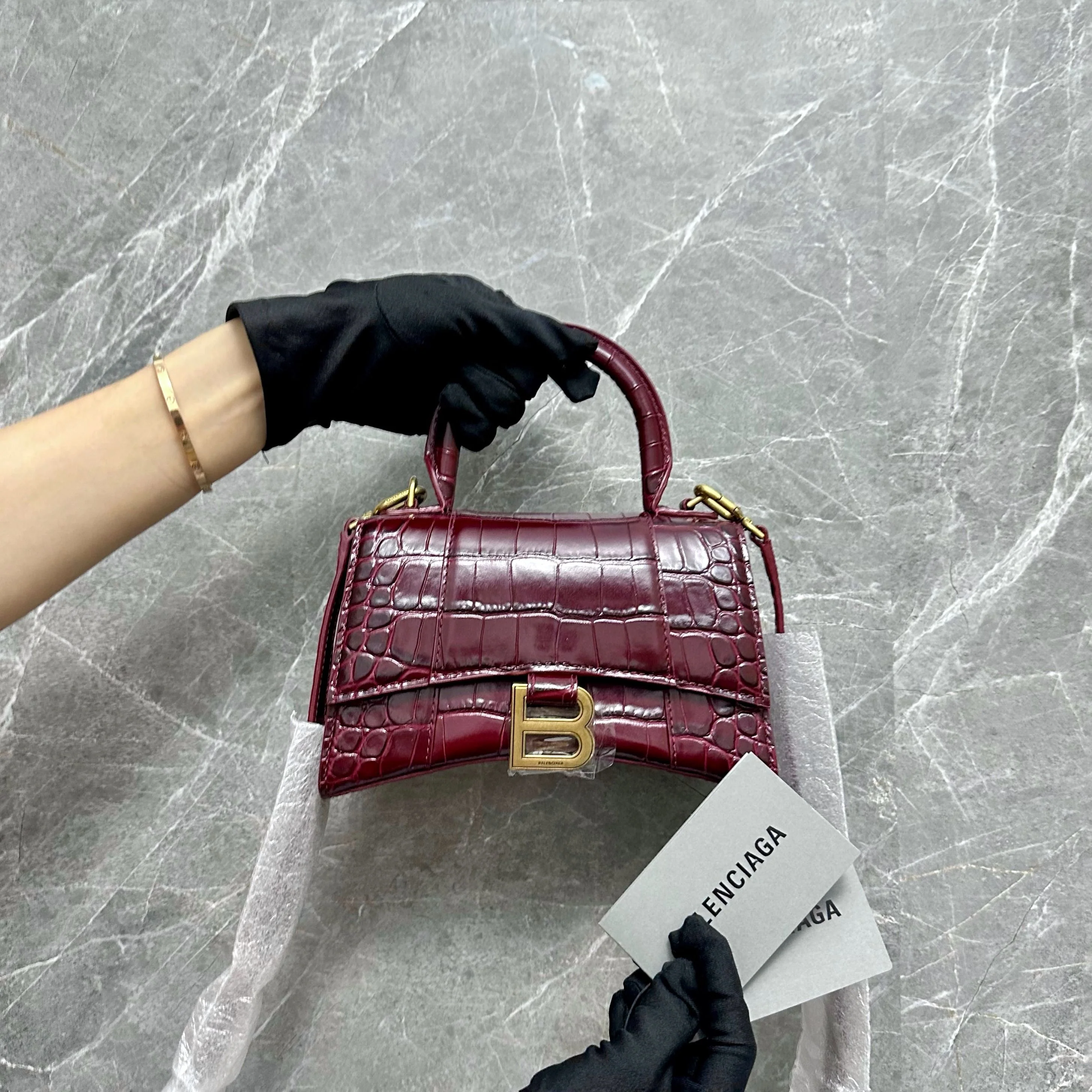 *Brand New* Balenciaga Hourglass XS Embossed Top-hand Crossbody Bag Burgundy - Best Luxury Designers