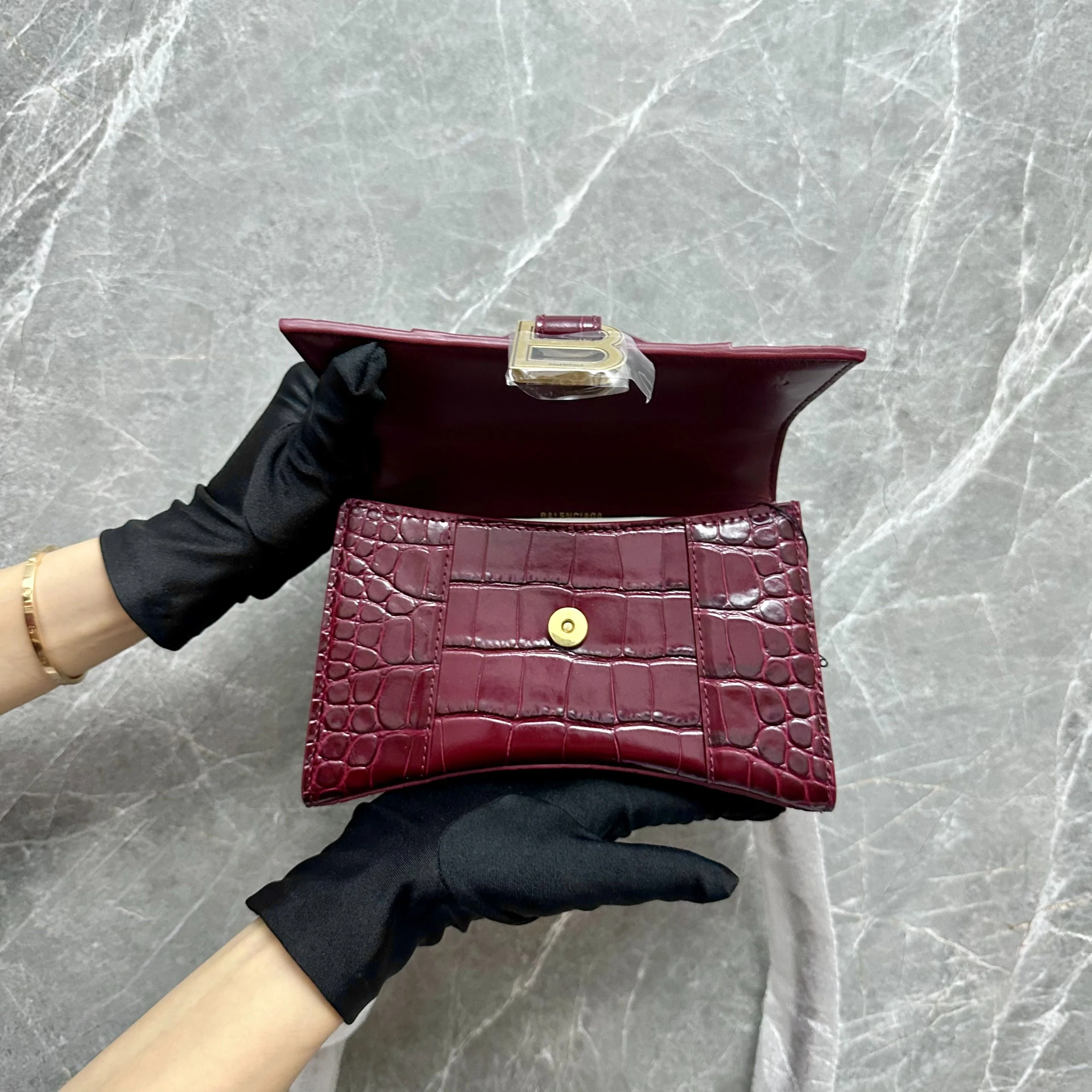 *Brand New* Balenciaga Hourglass XS Embossed Top-hand Crossbody Bag Burgundy - Best Luxury Designers