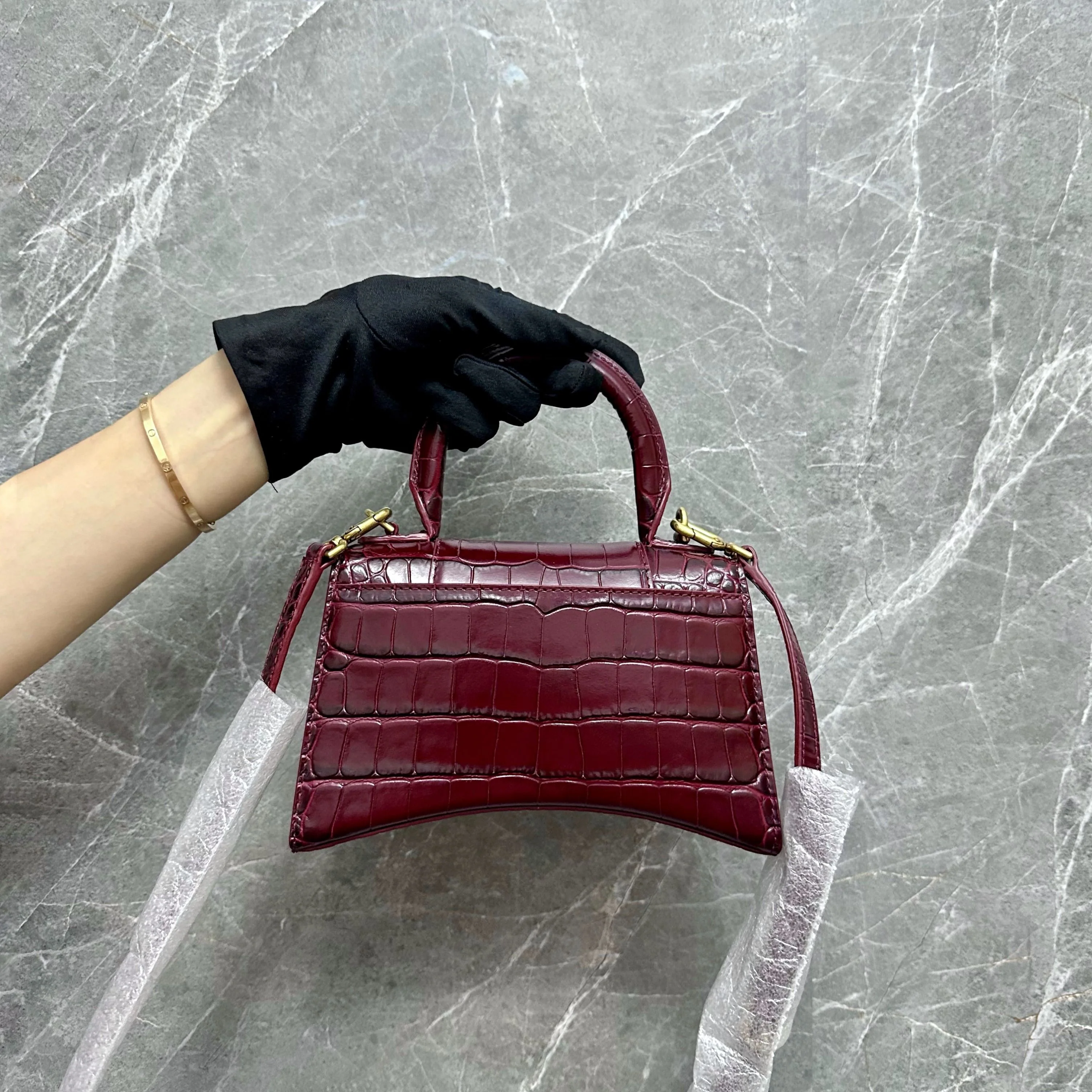 *Brand New* Balenciaga Hourglass XS Embossed Top-hand Crossbody Bag Burgundy - Best Luxury Designers