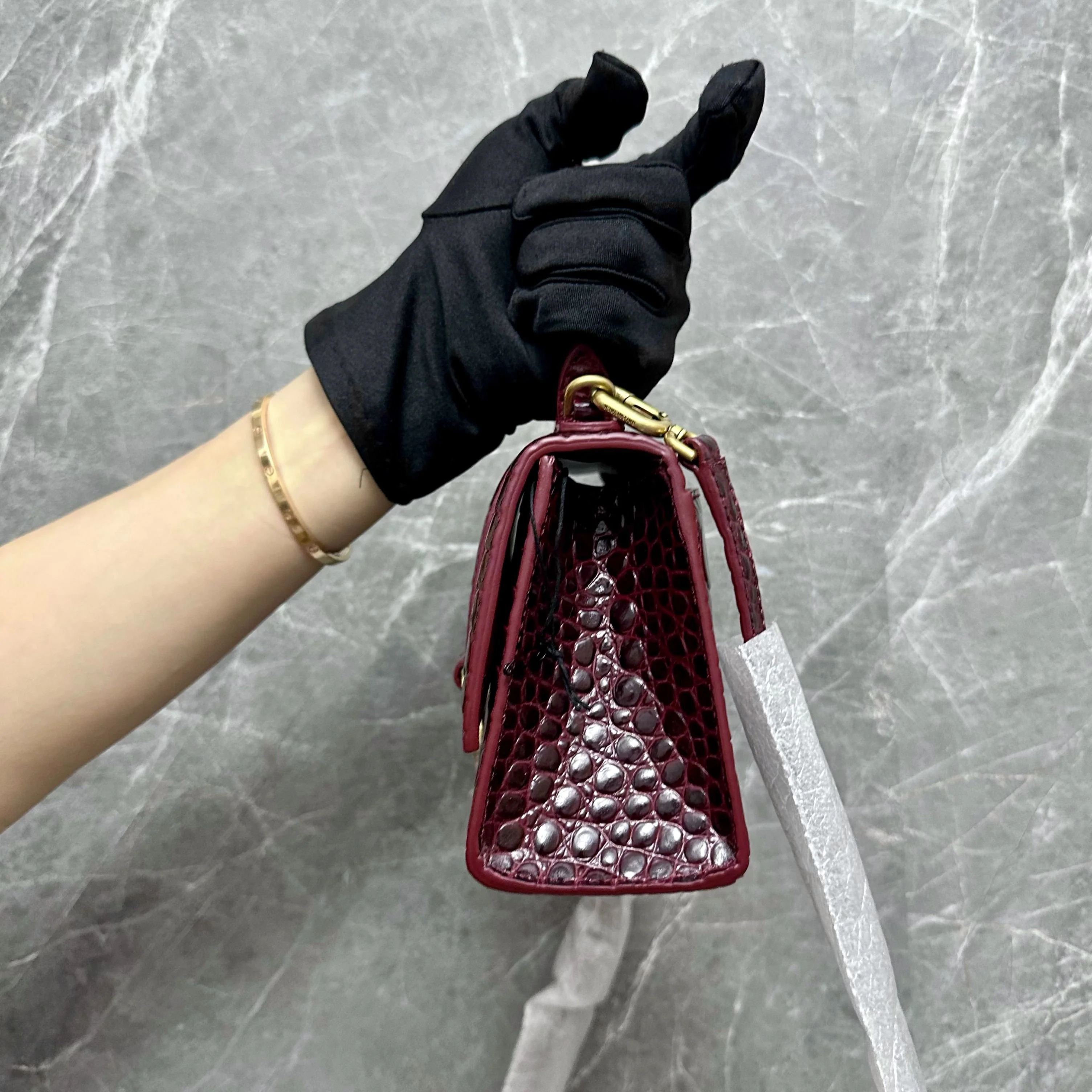 *Brand New* Balenciaga Hourglass XS Embossed Top-hand Crossbody Bag Burgundy - Best Luxury Designers