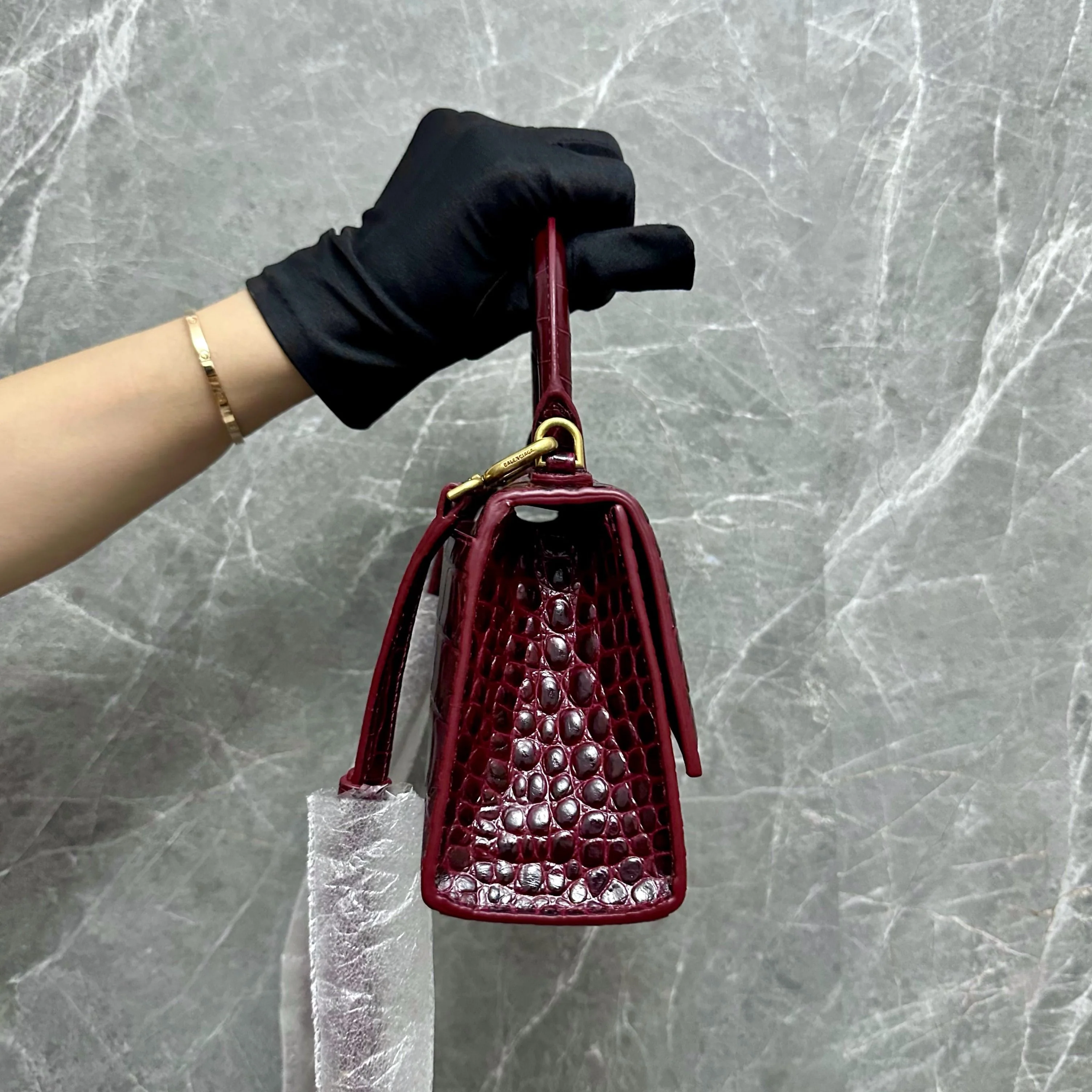 *Brand New* Balenciaga Hourglass XS Embossed Top-hand Crossbody Bag Burgundy - Best Luxury Designers