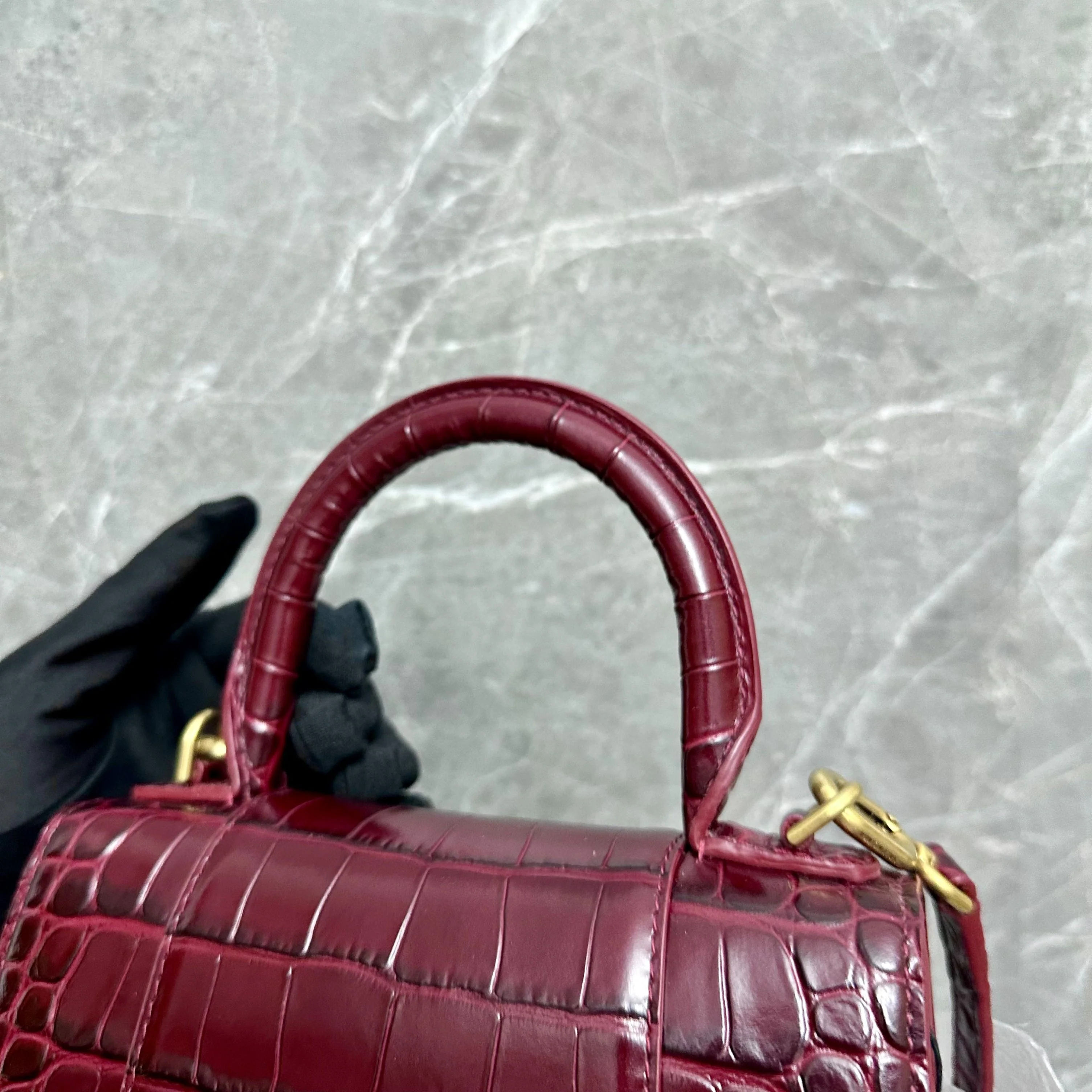 *Brand New* Balenciaga Hourglass XS Embossed Top-hand Crossbody Bag Burgundy - Best Luxury Designers