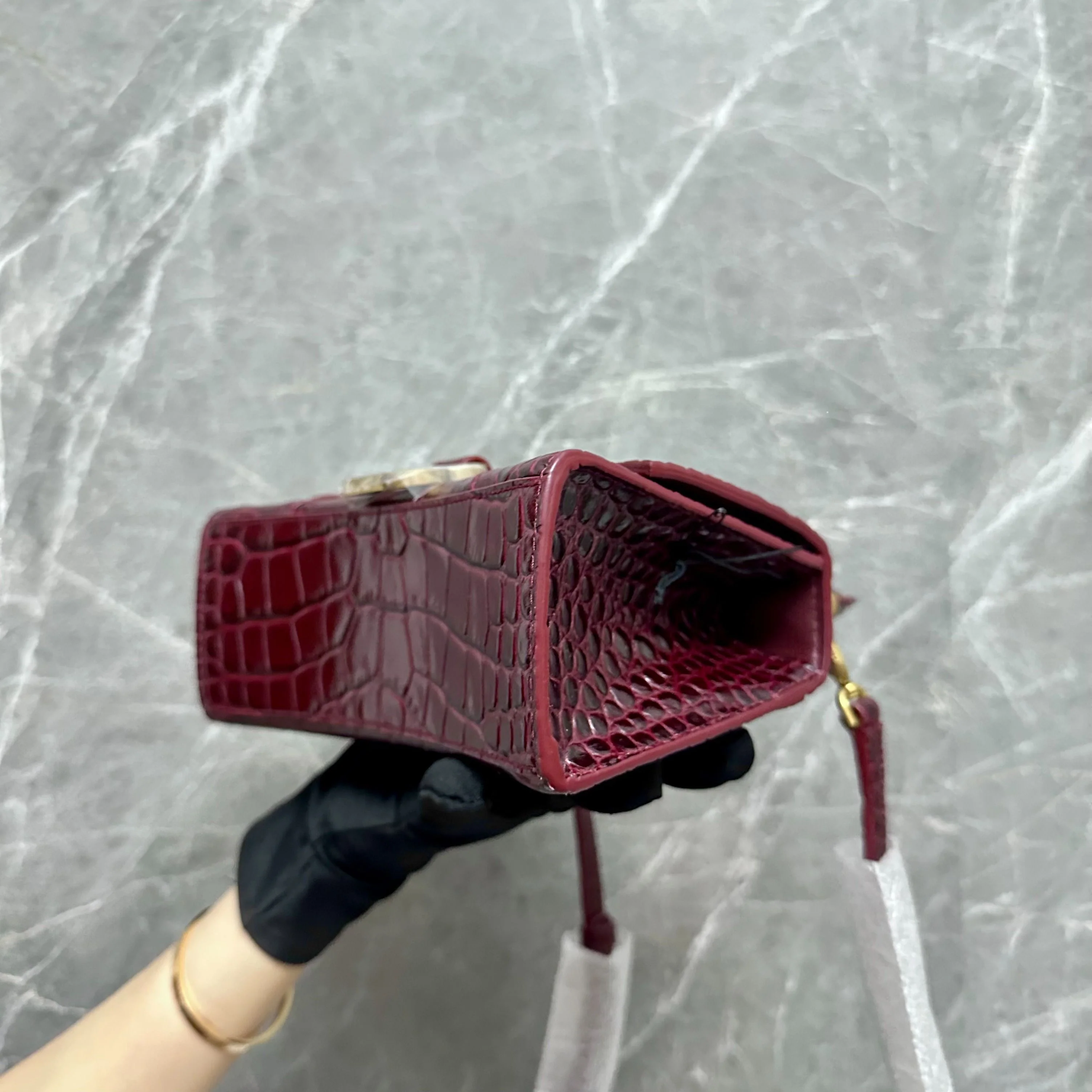 *Brand New* Balenciaga Hourglass XS Embossed Top-hand Crossbody Bag Burgundy - Best Luxury Designers