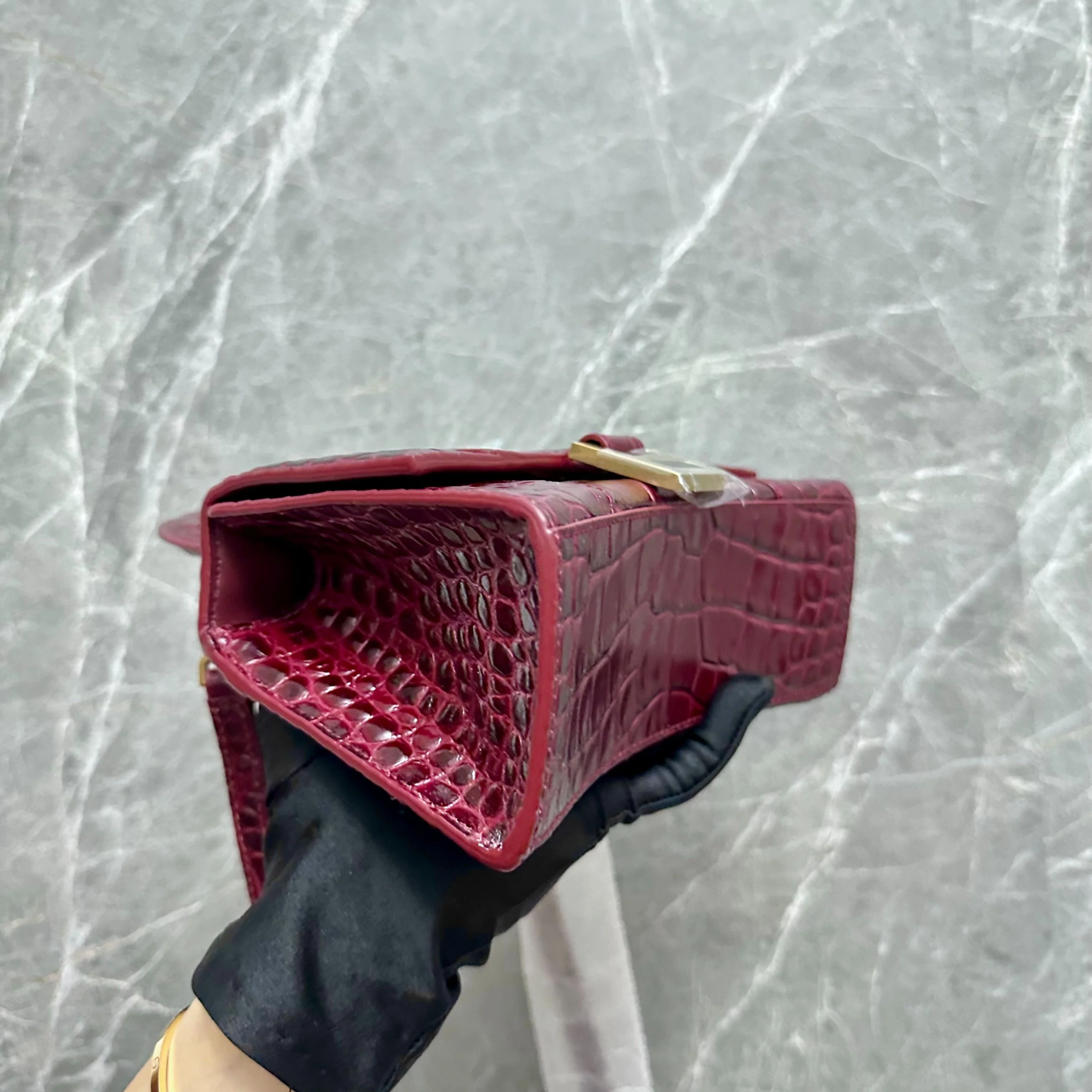 *Brand New* Balenciaga Hourglass XS Embossed Top-hand Crossbody Bag Burgundy - Best Luxury Designers