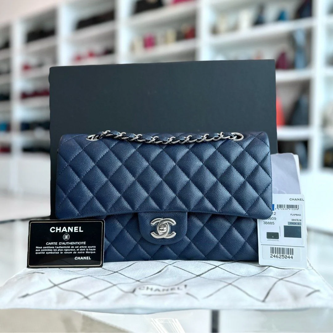 *Brand New* Chanel Caviar Medium Classic Flap Quilted Dark Blue SHW No 24 - Best Luxury Designers