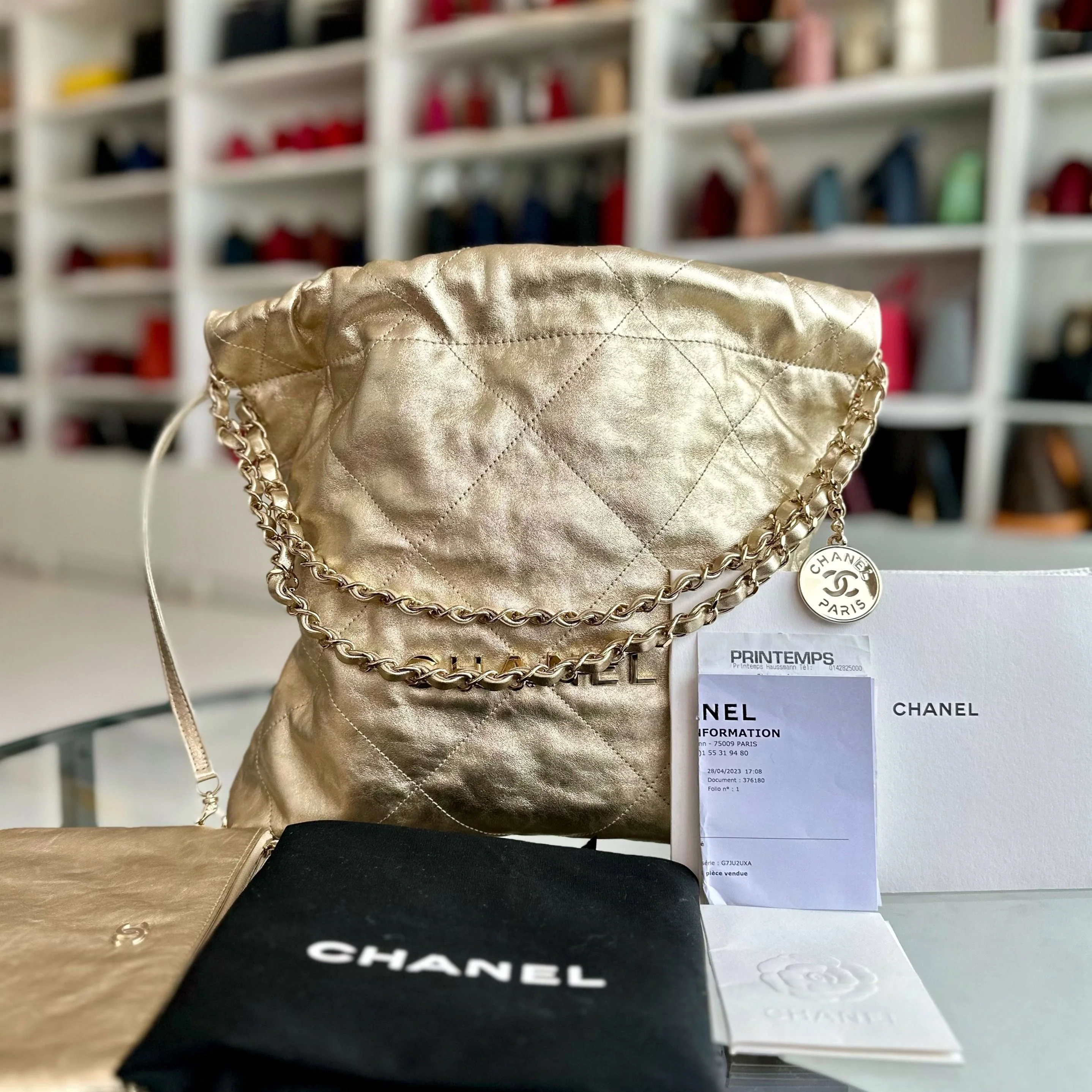 *Brand New, Receipt, Microchip* Chanel C22 Small Hobo 22 Bag Gold Calfskin GHW - Best Luxury Designers
