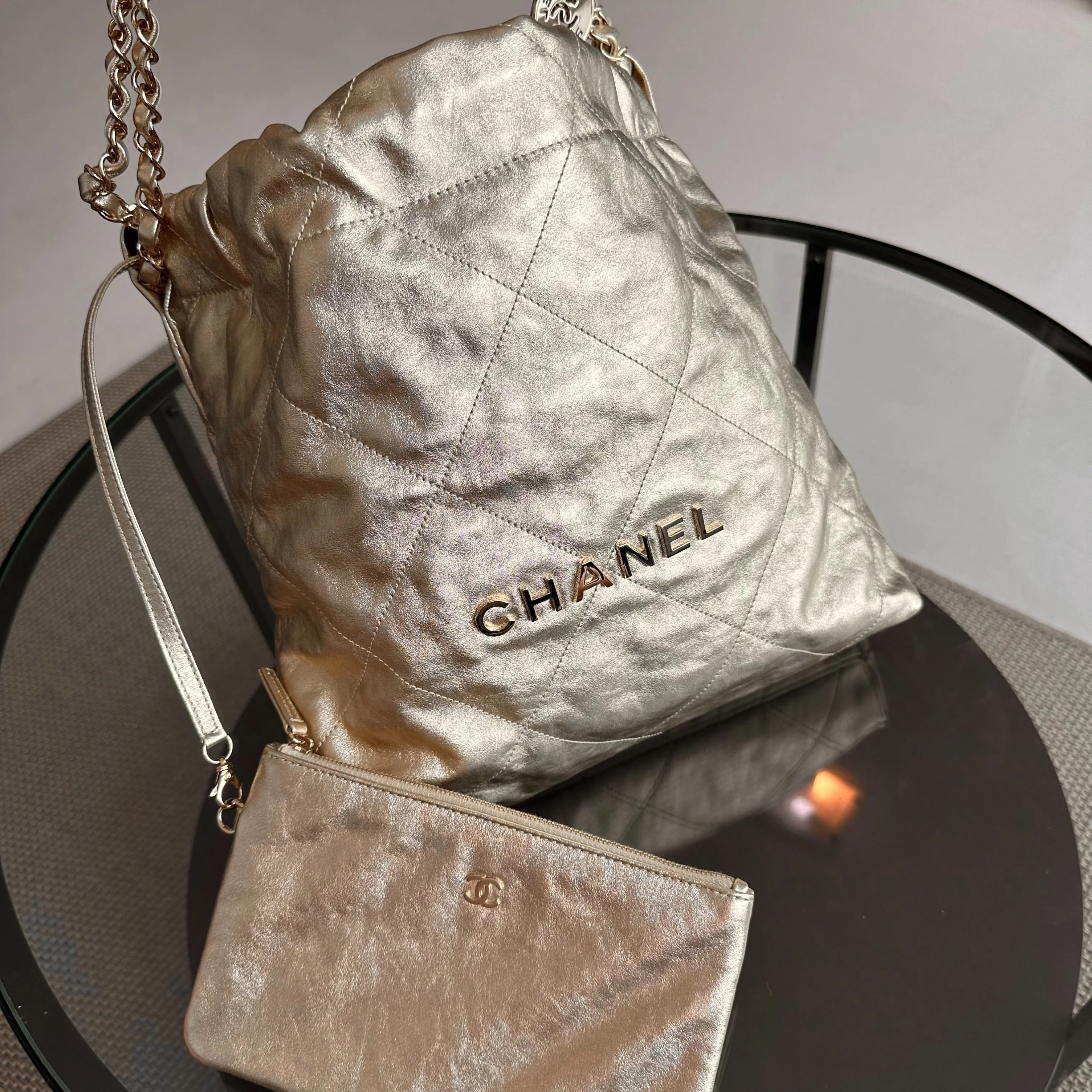 *Brand New, Receipt, Microchip* Chanel C22 Small Hobo 22 Bag Gold Calfskin GHW - Best Luxury Designers