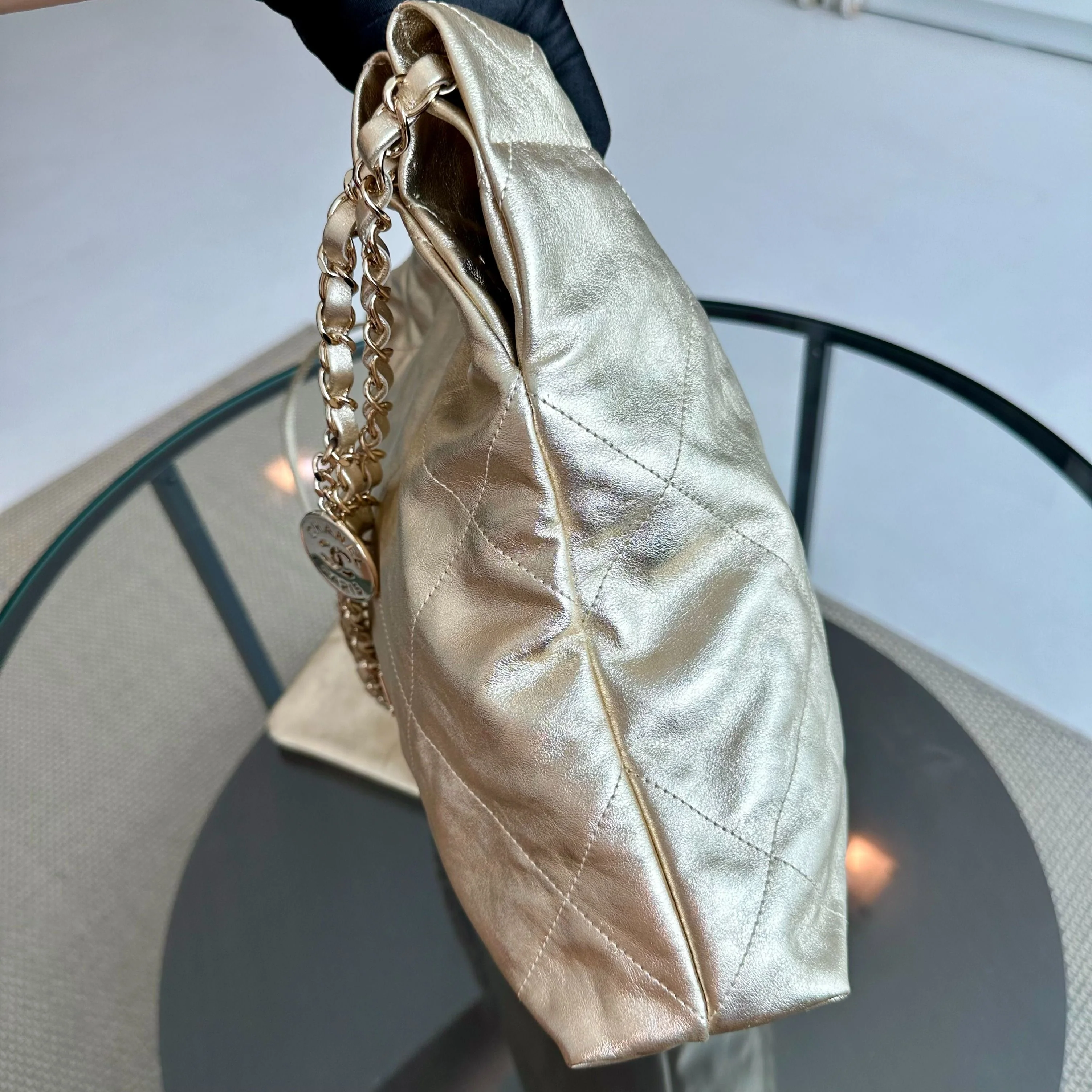 *Brand New, Receipt, Microchip* Chanel C22 Small Hobo 22 Bag Gold Calfskin GHW - Best Luxury Designers