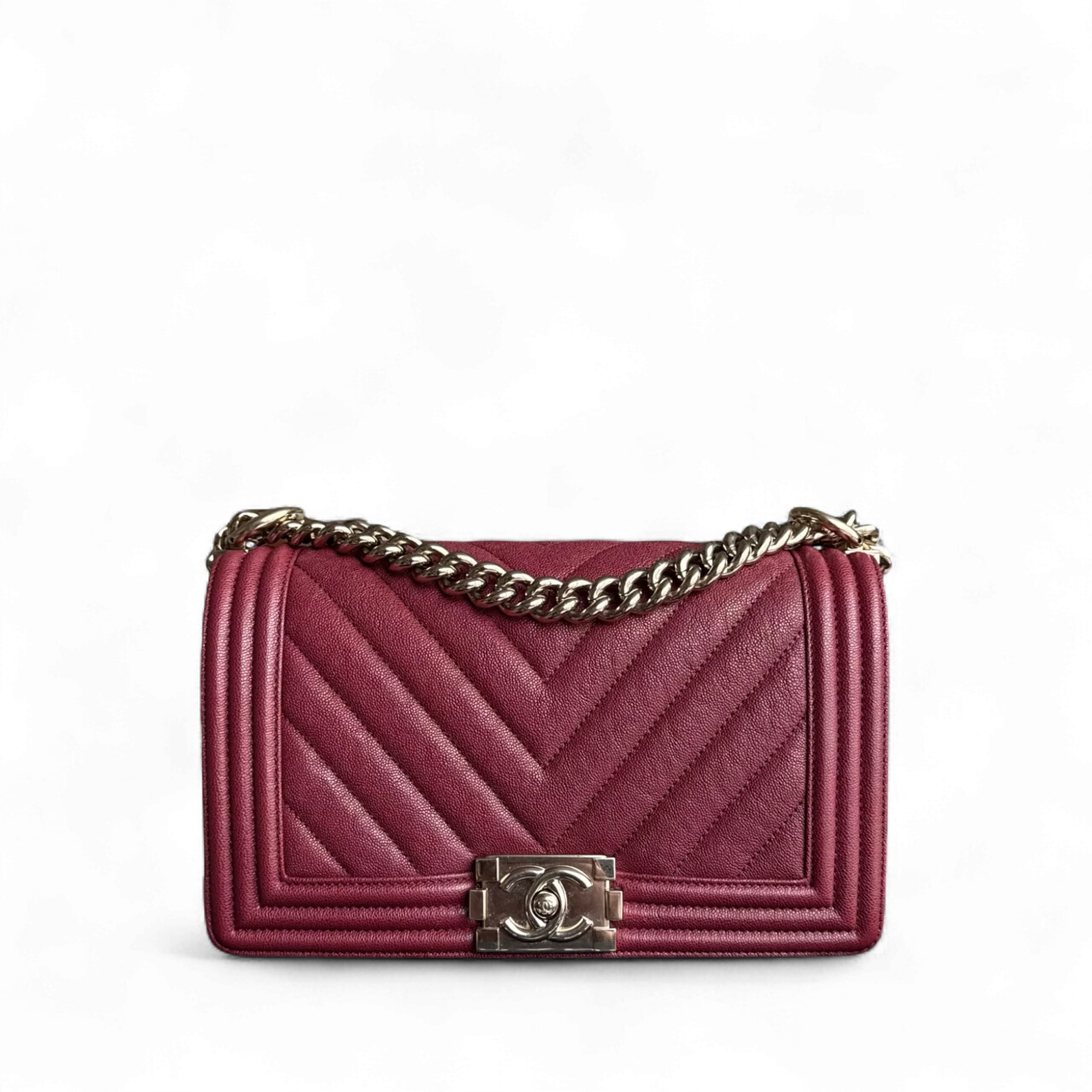 Chanel Boy Medium - Caviar 25CM Chevron Red Gold Hardware Series 28