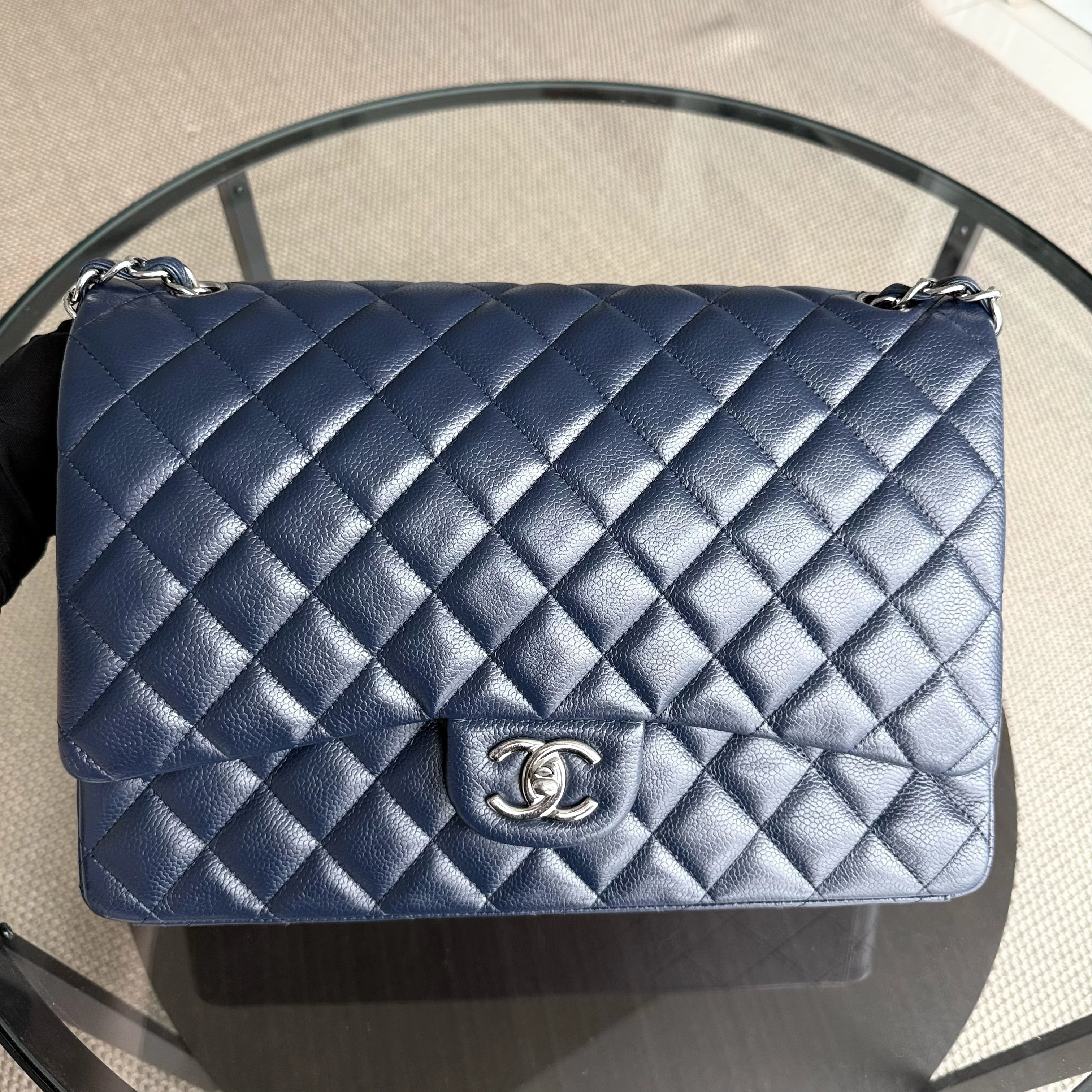 Chanel Classic Flap Maxi - Caviar Double Flap 34CM Quilted Dark Blue Silver Hardware Series 15