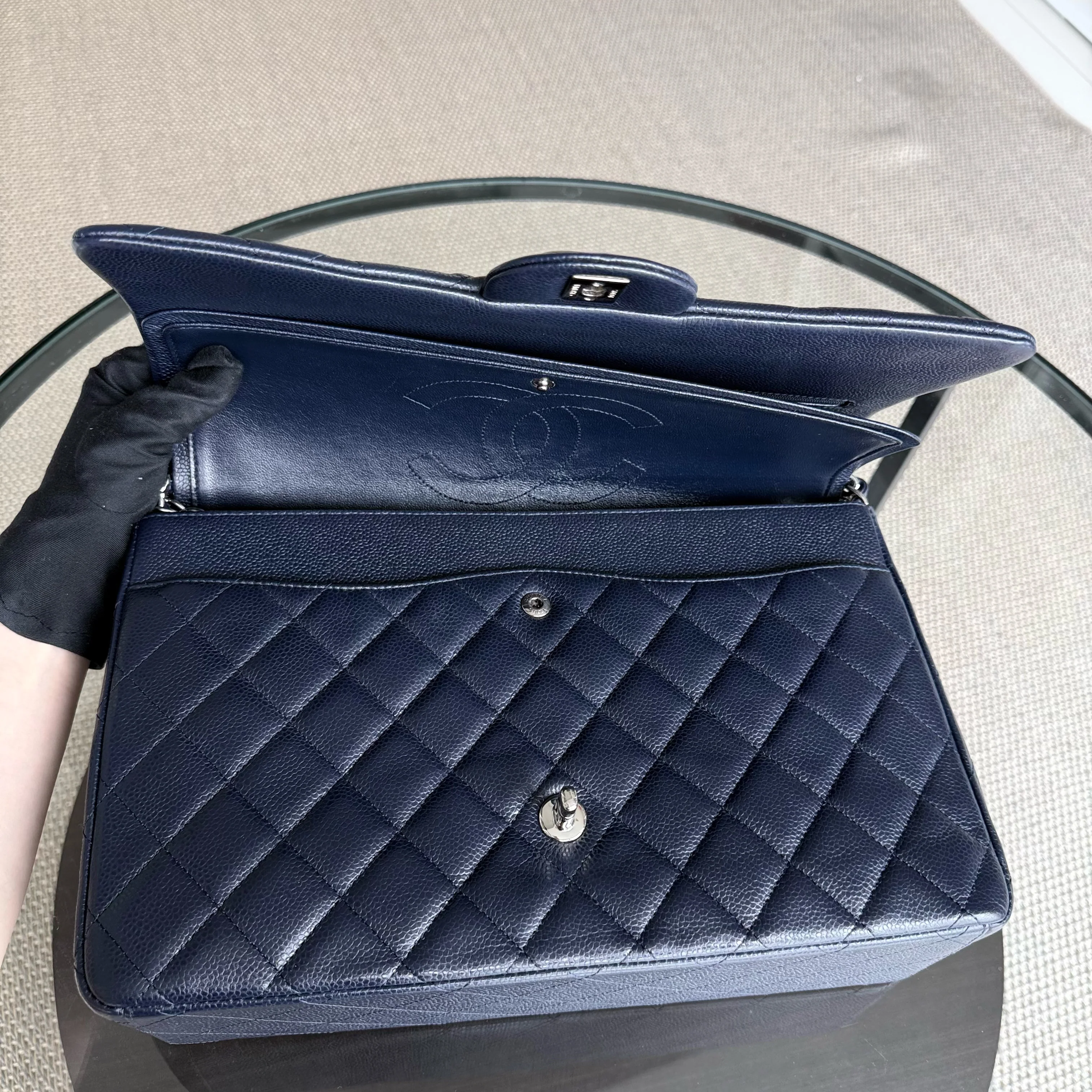 Chanel Classic Flap Maxi - Caviar Double Flap 33CM Quilted Grained Calfskin Dark Blue Silver Hardware Series 18