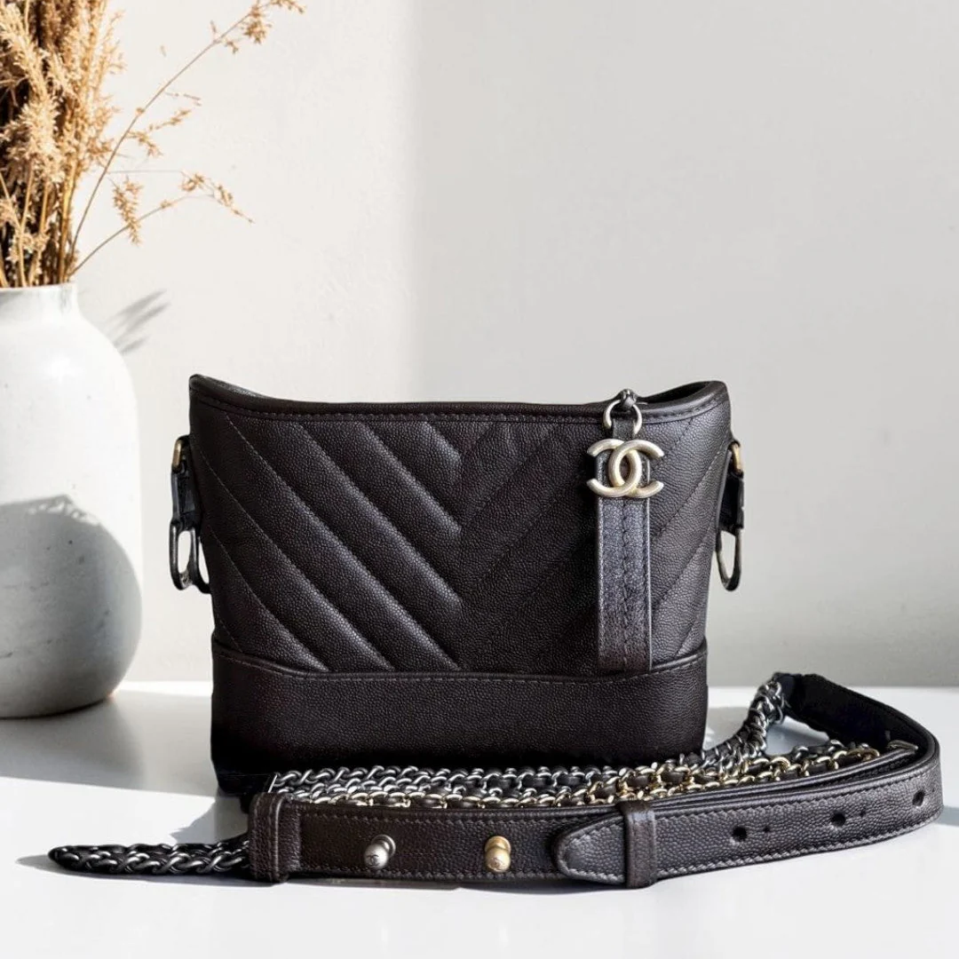Chanel Gabrielle Small - Caviar Chevron Dark Brown Two-tone Gold Hardware Series 26