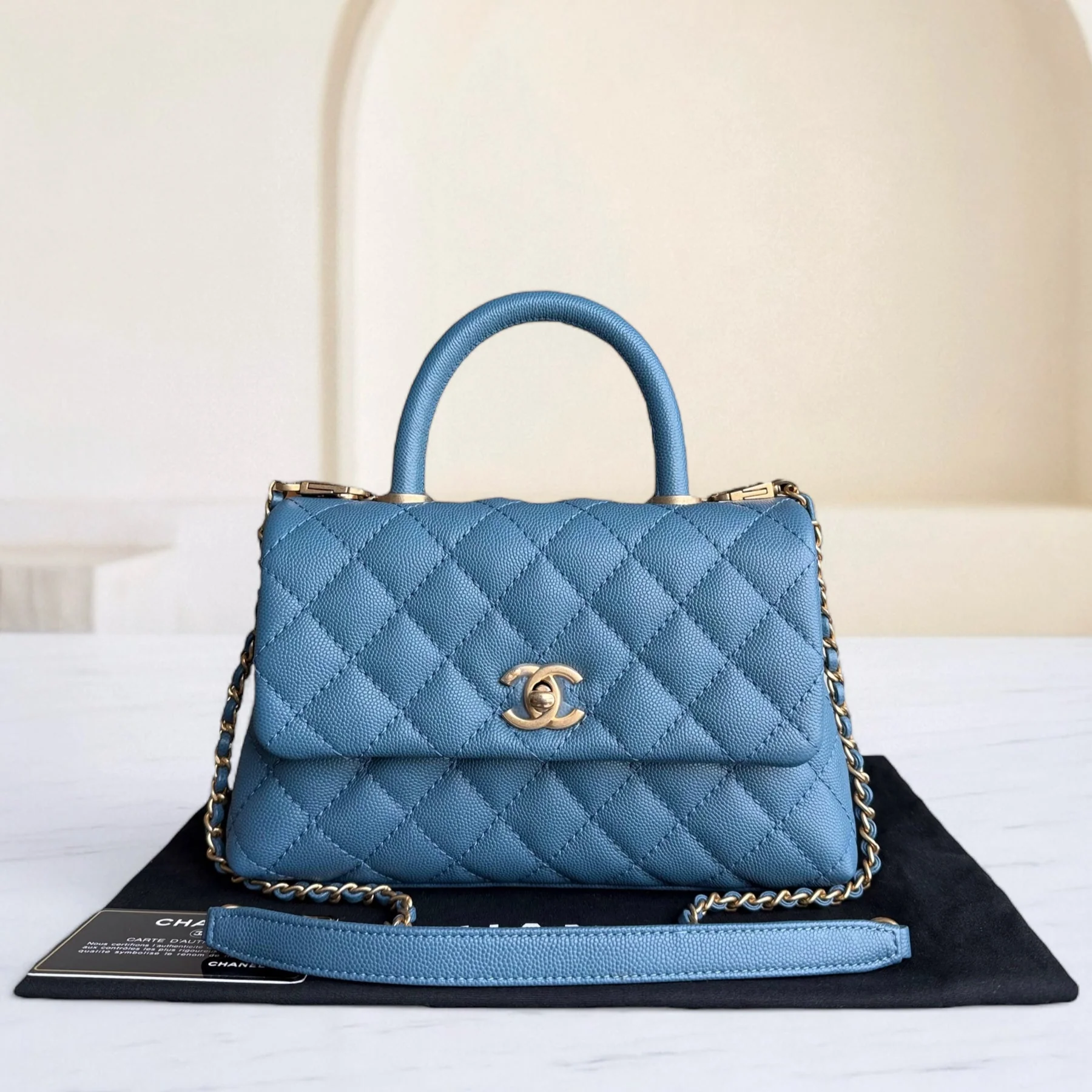 Chanel Coco Handle Small - Caviar 25CM Quilted Blue Gold Hardware Series 25