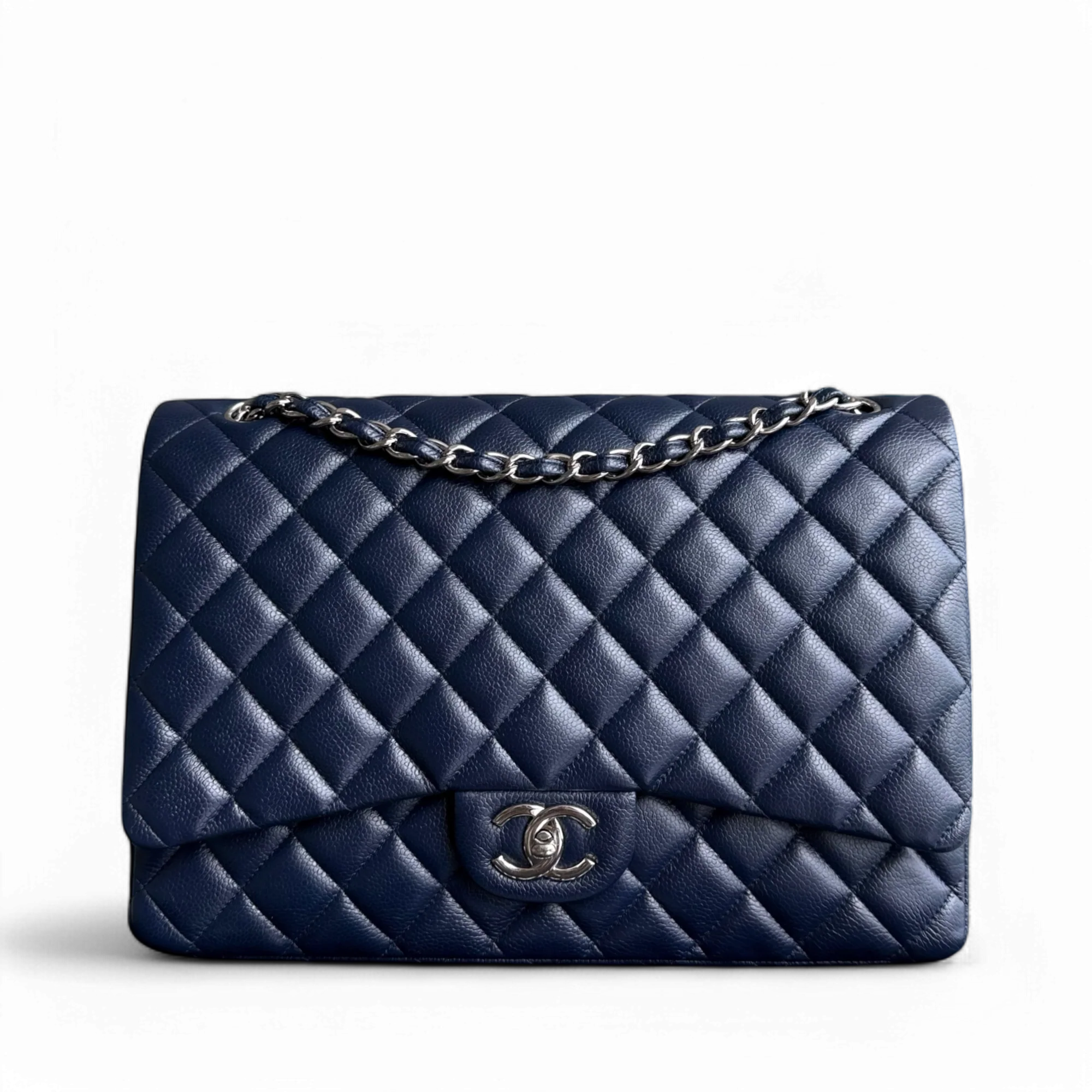 Chanel Classic Flap Maxi - Caviar 33CM Double Flap Quilted Dark Navy Blue Silver Hardware Series 15
