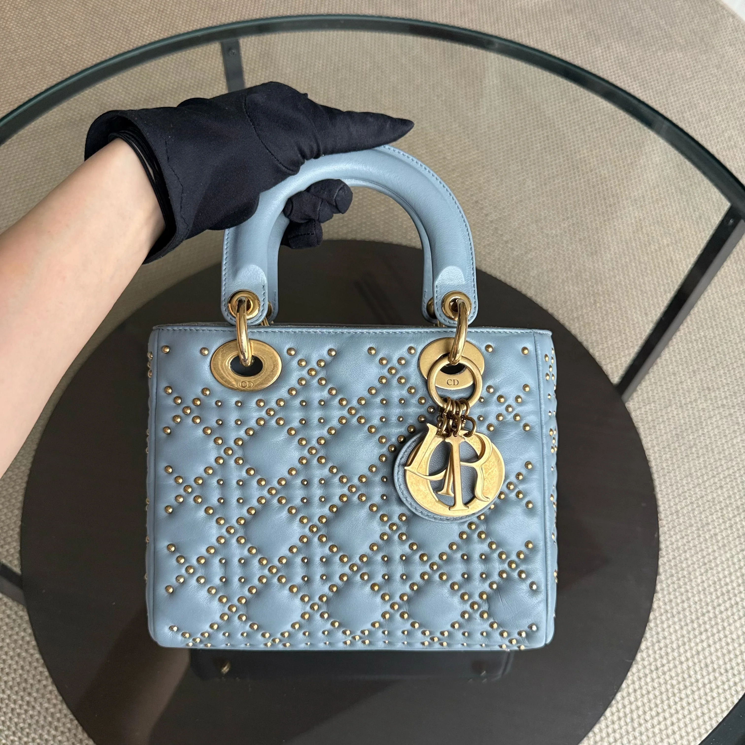 Dior Lady Small Flap - Cannage Calfskin Studded Blue Gold Hardware