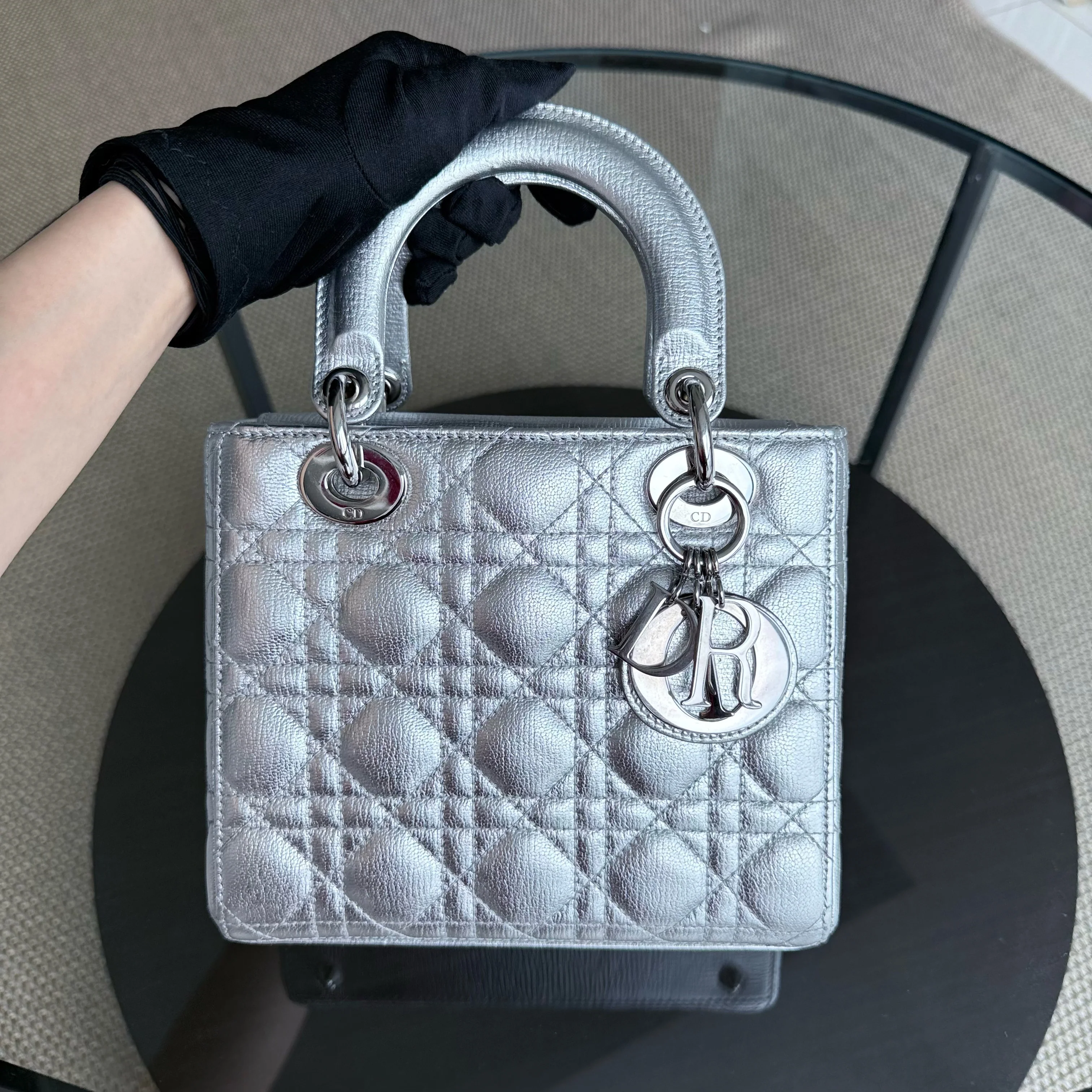 Dior Lady Small - Cannage Metallic Calfskin Silver Silver Hardware