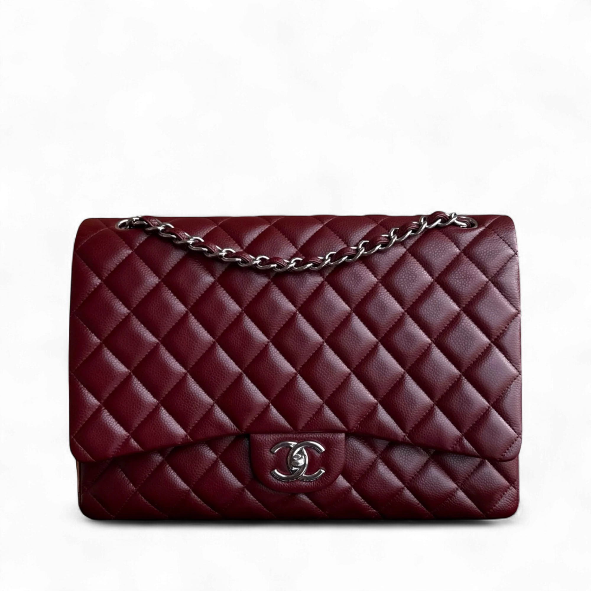 Chanel Classic Flap Maxi - Caviar Double Flap 33CM Quilted Grained Calfskin Burgundy Dark Red Silver Hardware Series 15