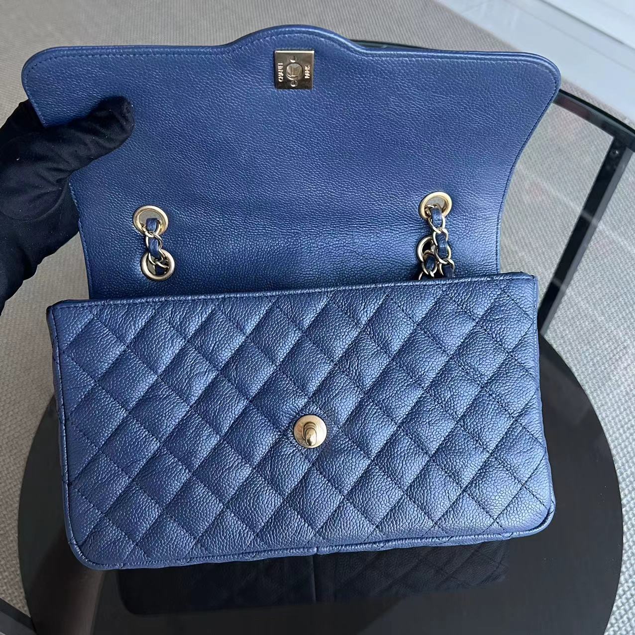 Crumpled Two Tone Flap Grained Calfskin Navy Blue Golden Hardware Series 21