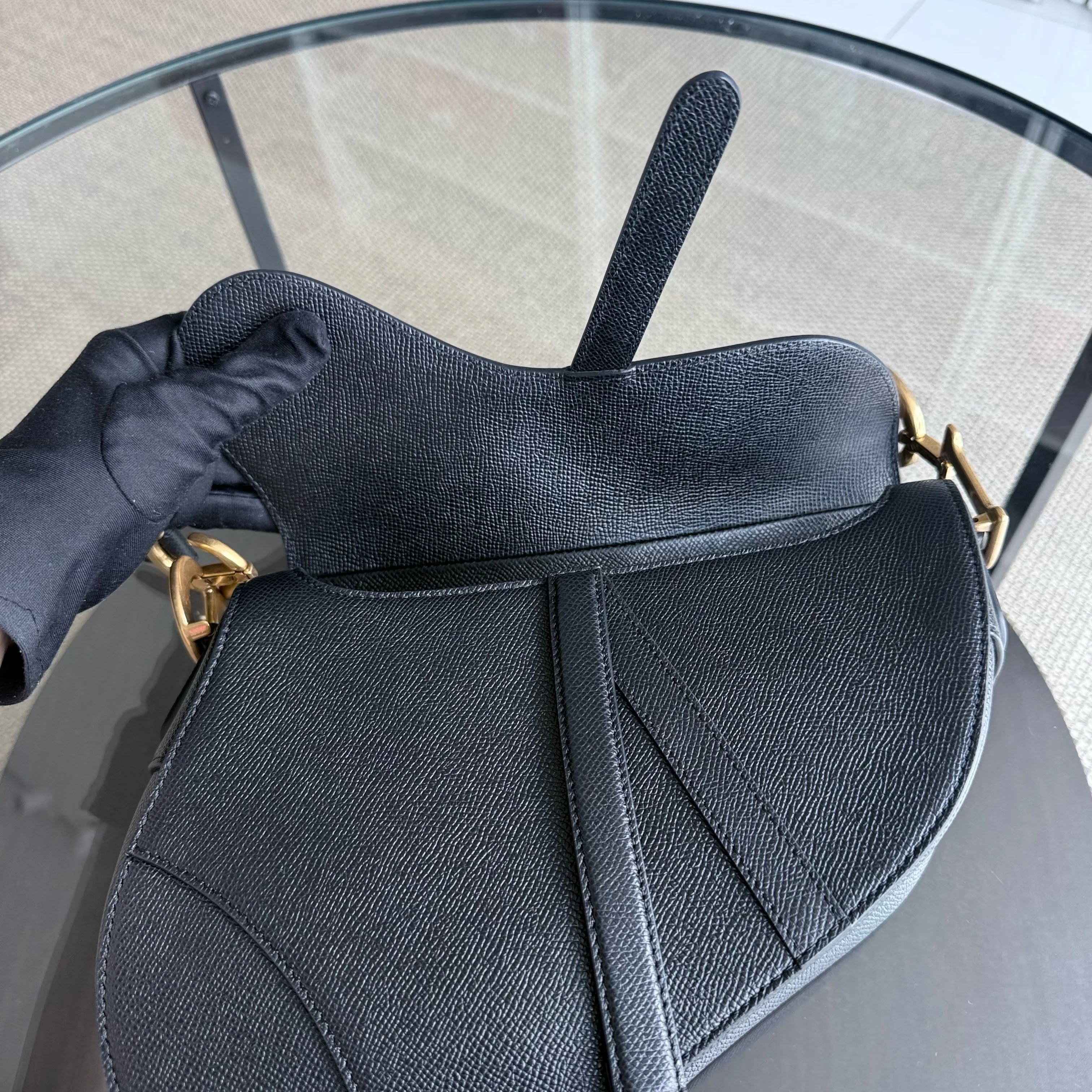 Dior Saddle Medium With Strap - Grained Calfskin Black Gold Hardware