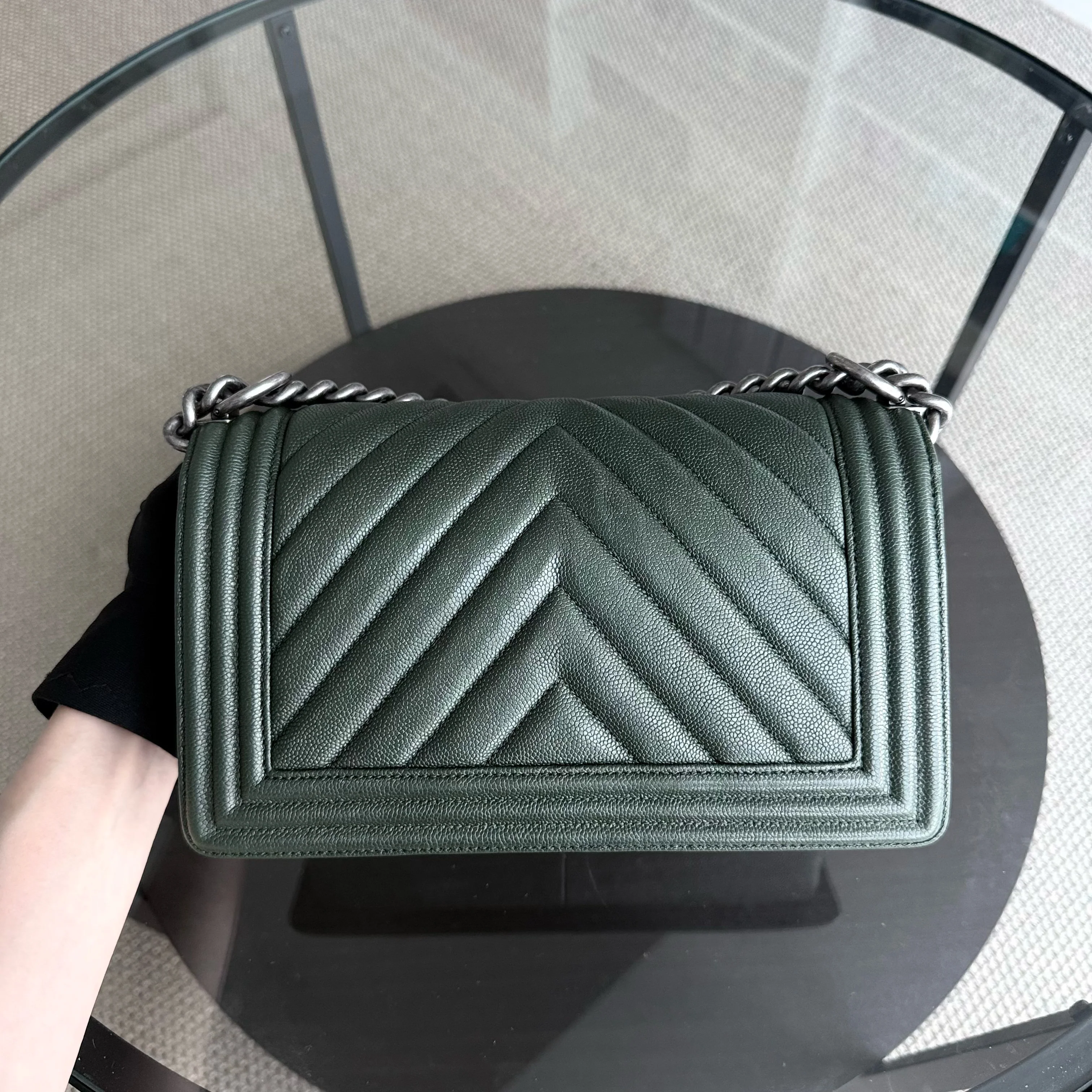 Chanel Boy Medium - Caviar 25CM Chevron Dark Green Ruthenium Silver Hardware Series 26