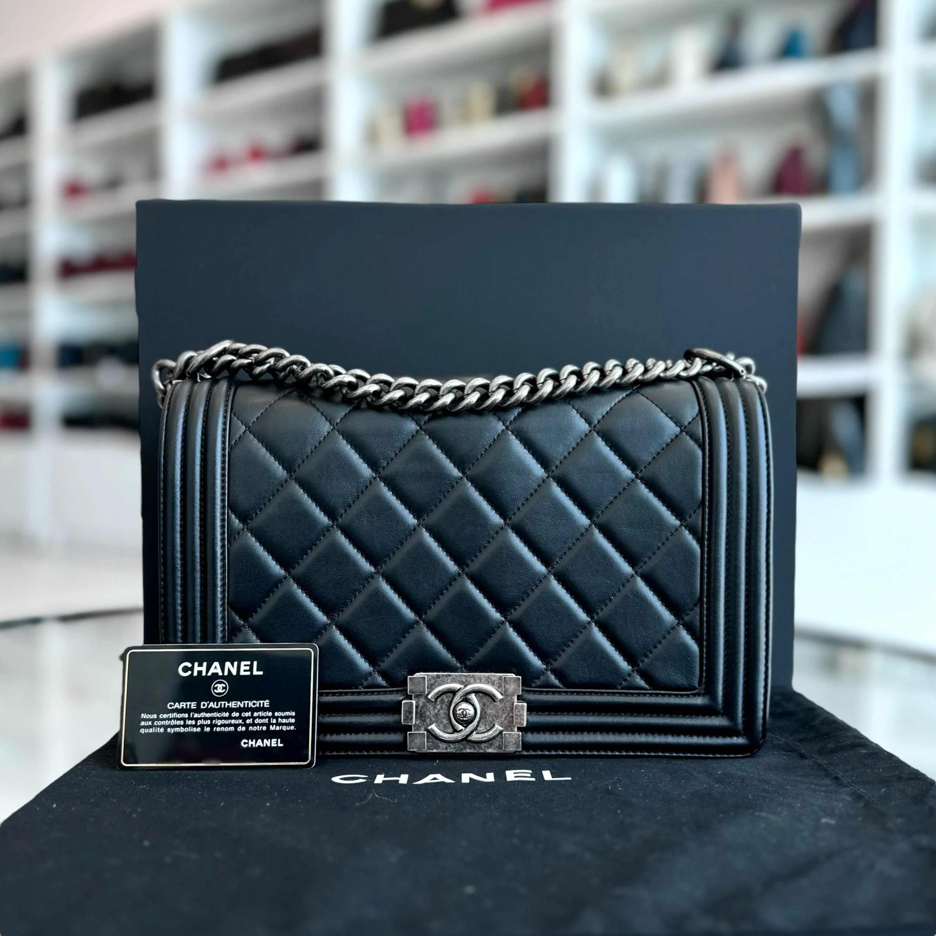 *Calfskin* Chanel Boy New Medium Smooth Calfskin 28CM Leboy Black RSHW No 19 - Best Luxury Designers