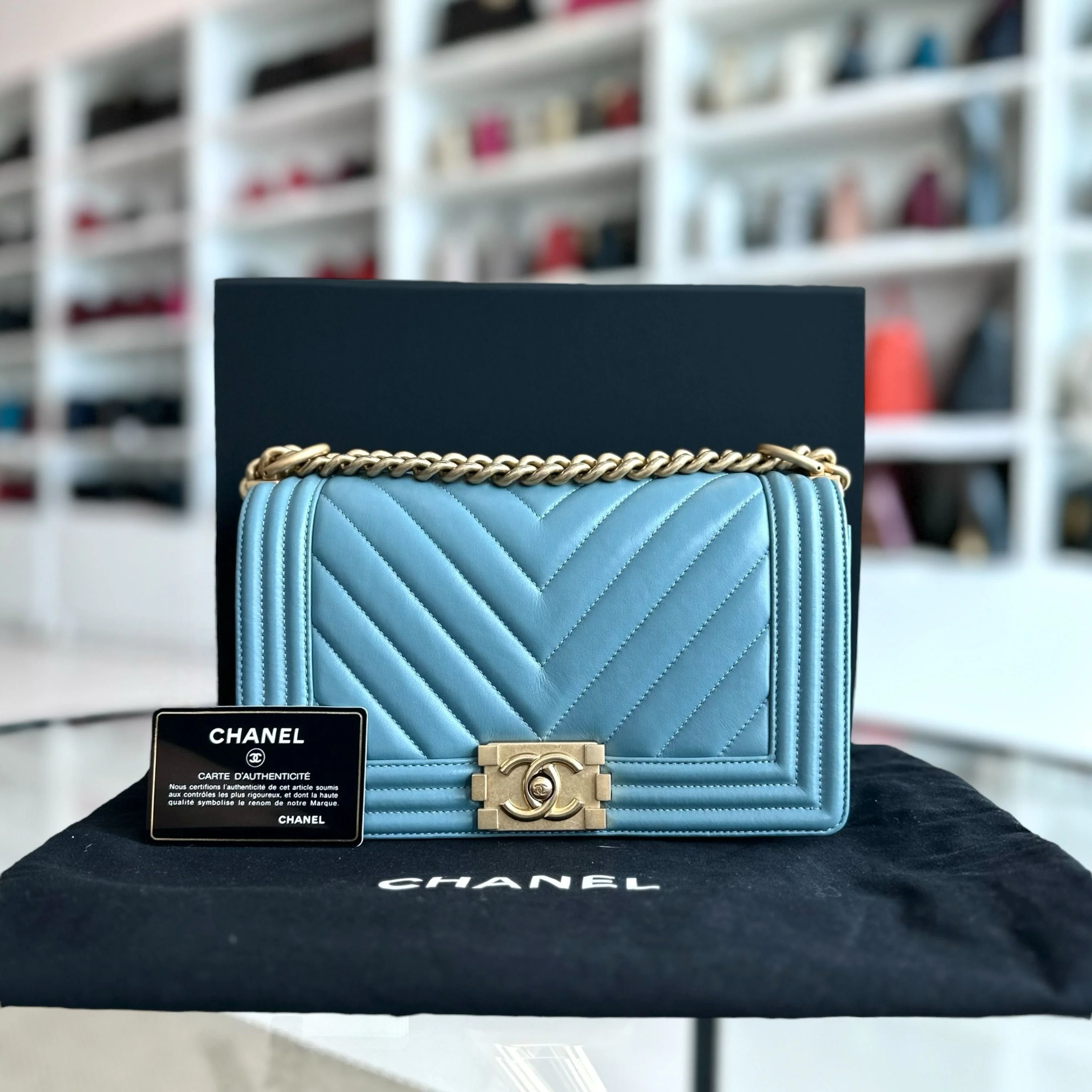 *Calfskin* Chanel Boy Old Medium 25CM Calfskin Chevron Leboy Baby Blue GHW No 25 - Best Luxury Designers