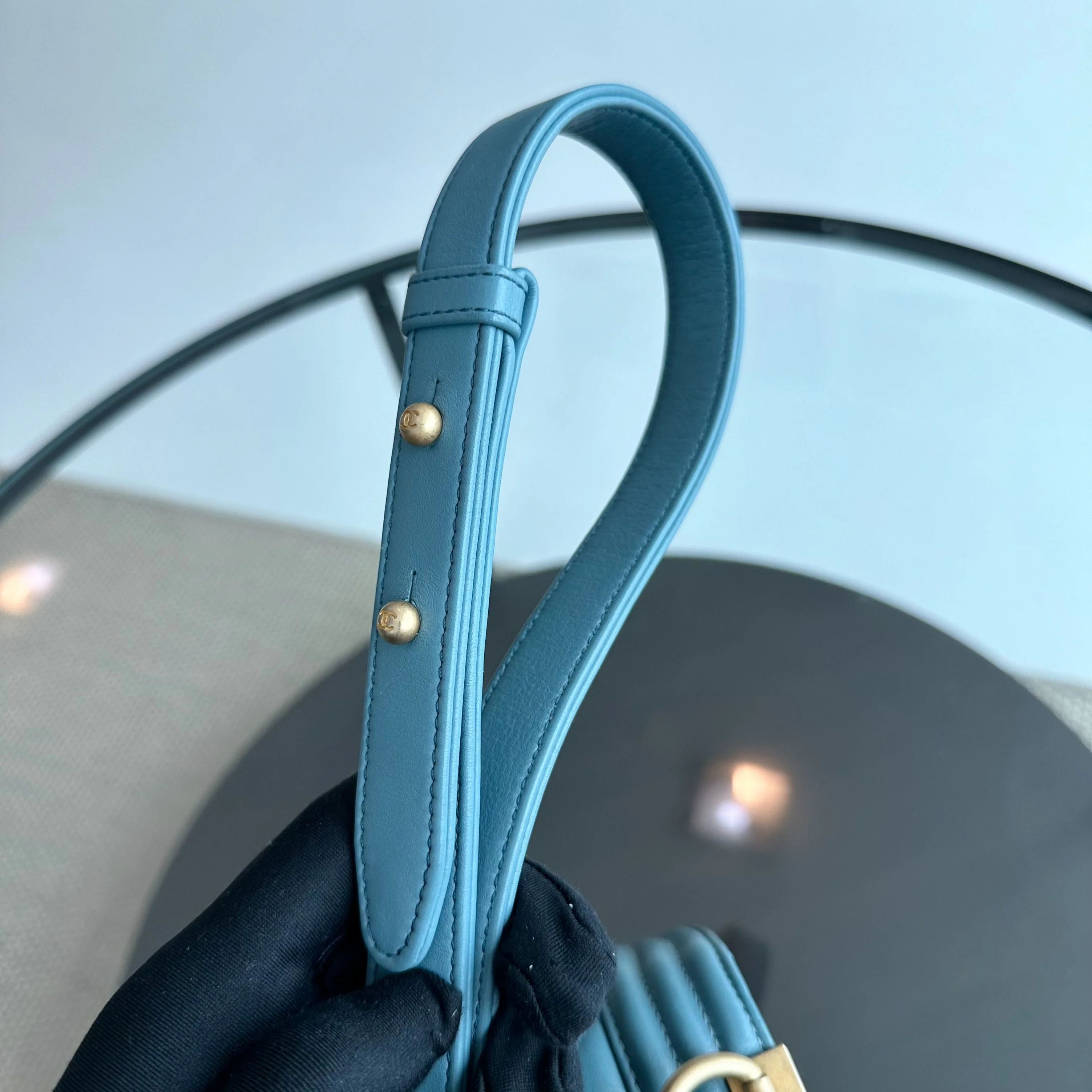 *Calfskin* Chanel Boy Old Medium 25CM Calfskin Chevron Leboy Baby Blue GHW No 25 - Best Luxury Designers