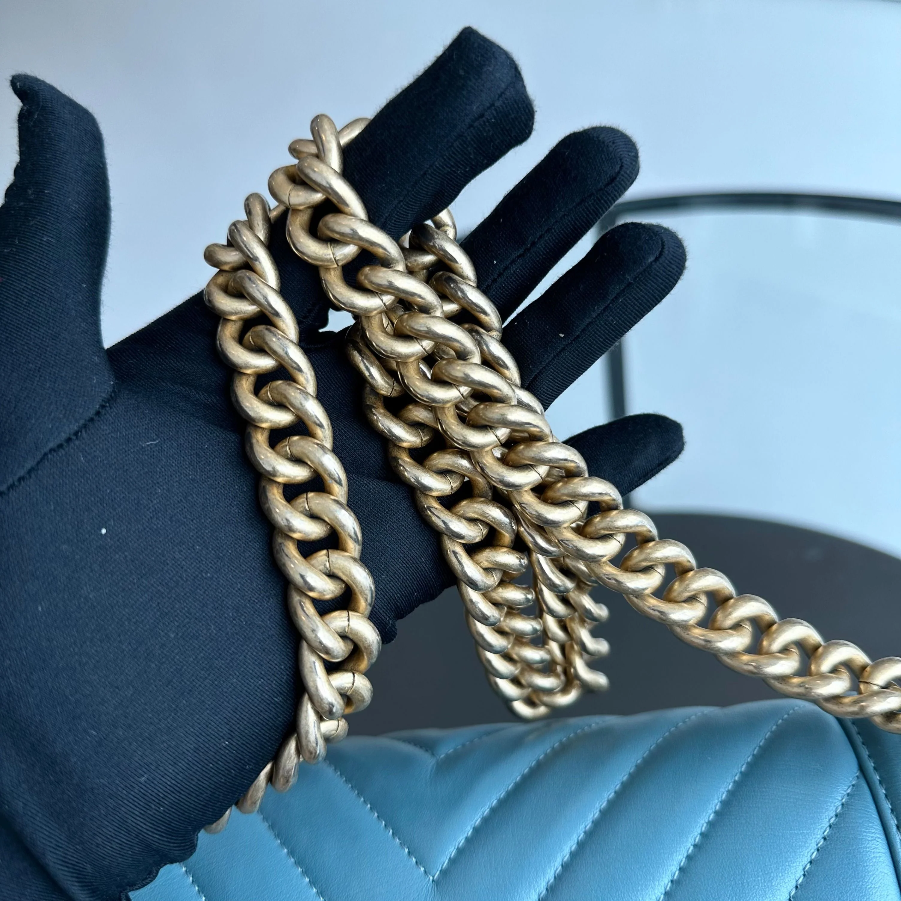 *Calfskin* Chanel Boy Old Medium 25CM Calfskin Chevron Leboy Baby Blue GHW No 25 - Best Luxury Designers