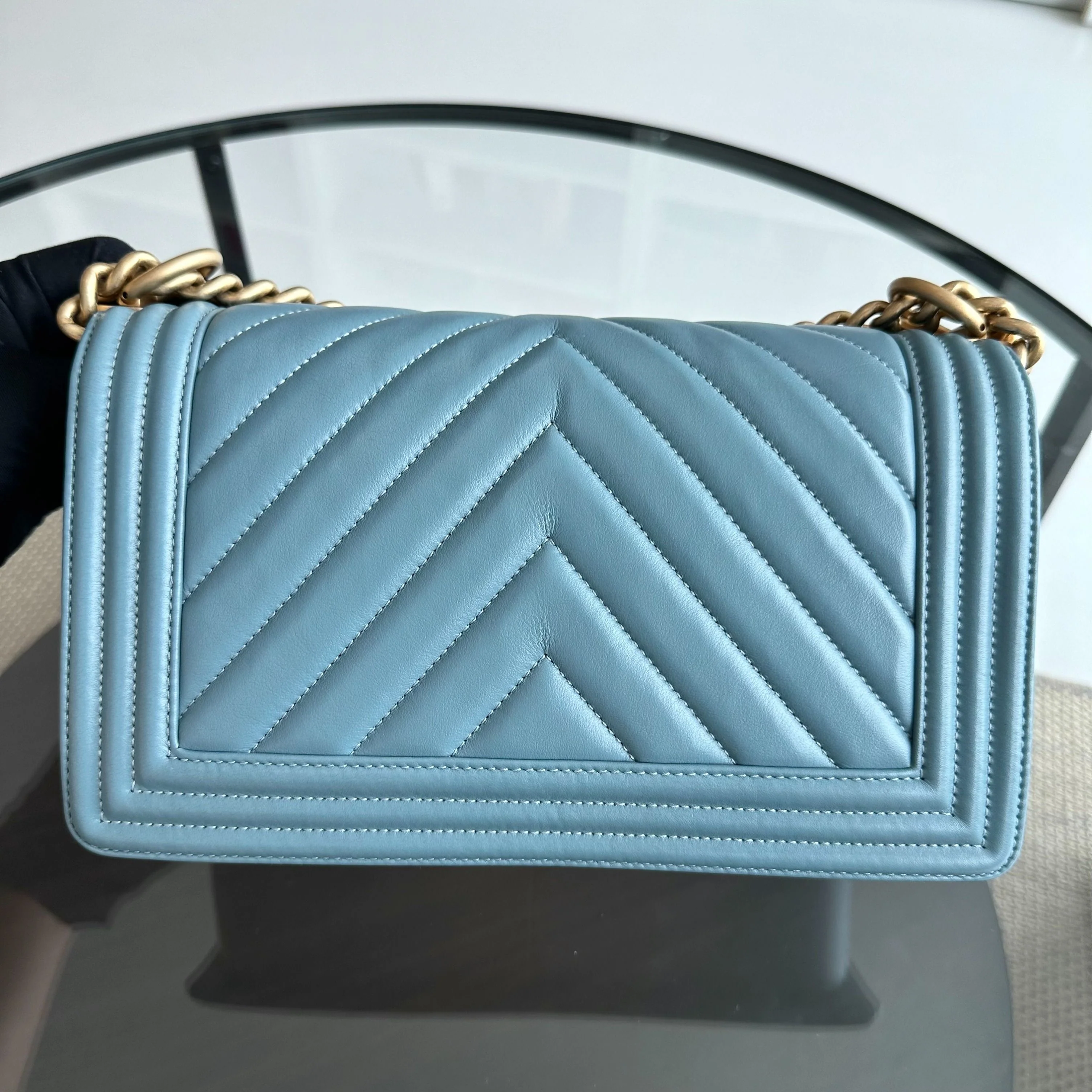 *Calfskin* Chanel Boy Old Medium 25CM Calfskin Chevron Leboy Baby Blue GHW No 25 - Best Luxury Designers