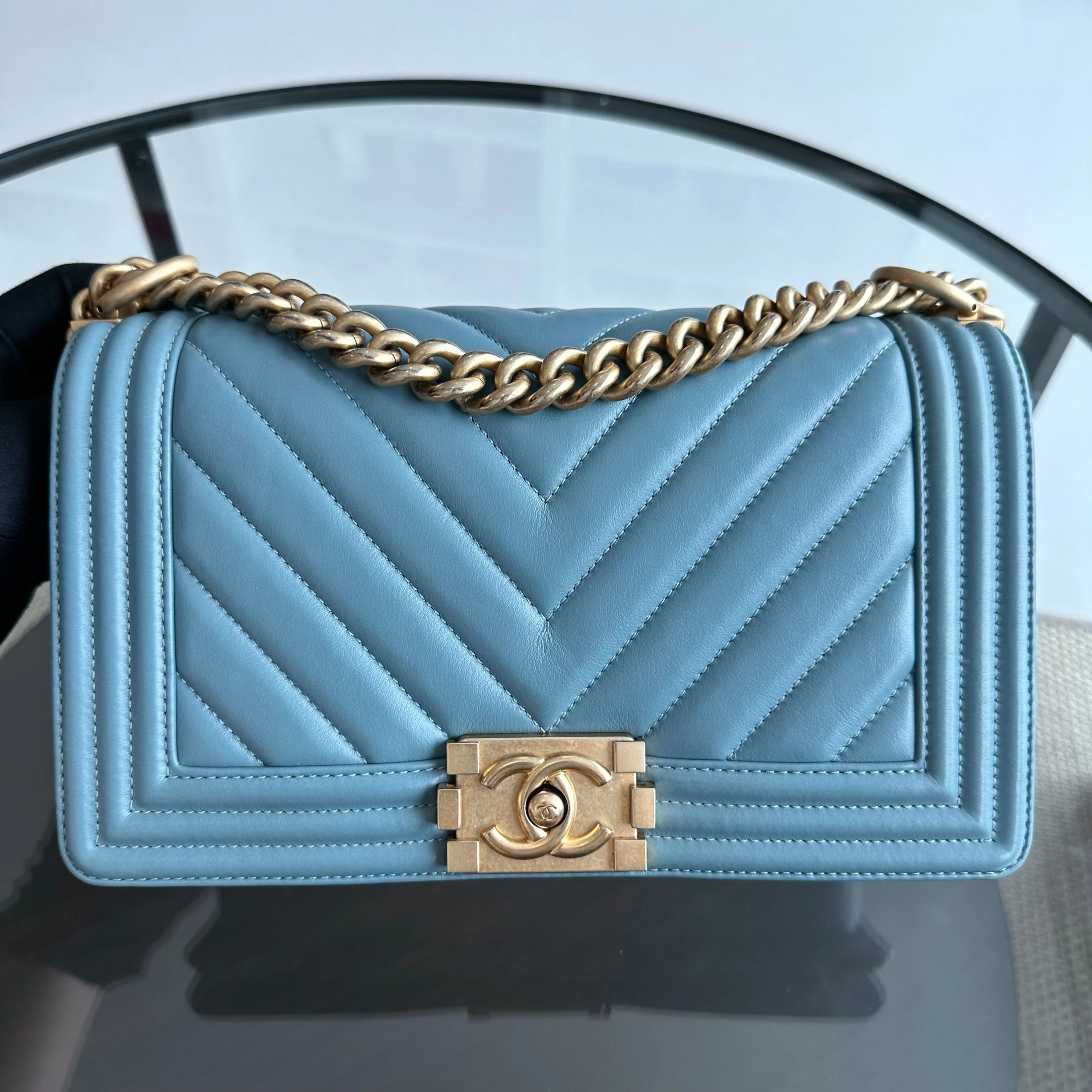*Calfskin* Chanel Boy Old Medium 25CM Calfskin Chevron Leboy Baby Blue GHW No 25 - Best Luxury Designers