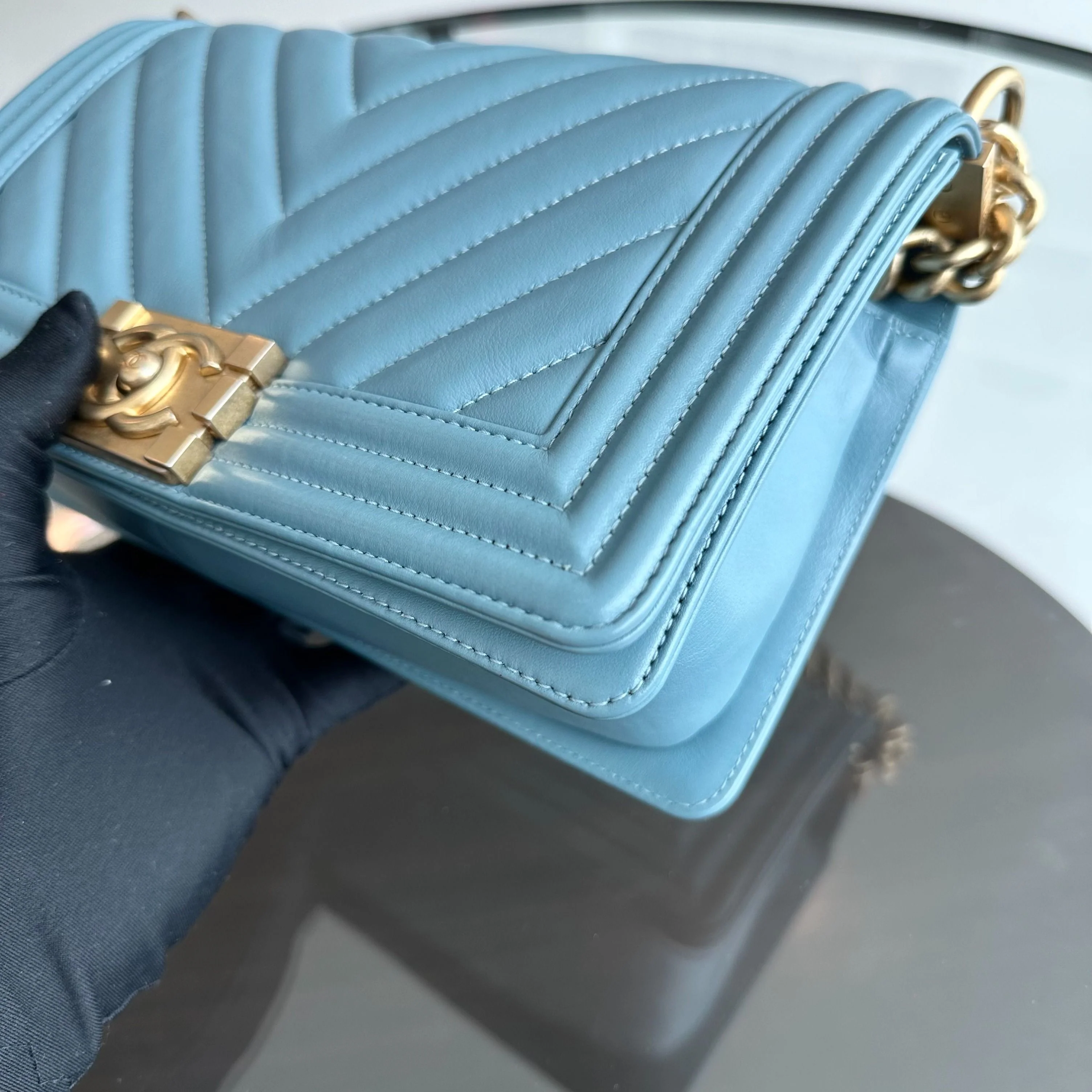 *Calfskin* Chanel Boy Old Medium 25CM Calfskin Chevron Leboy Baby Blue GHW No 25 - Best Luxury Designers