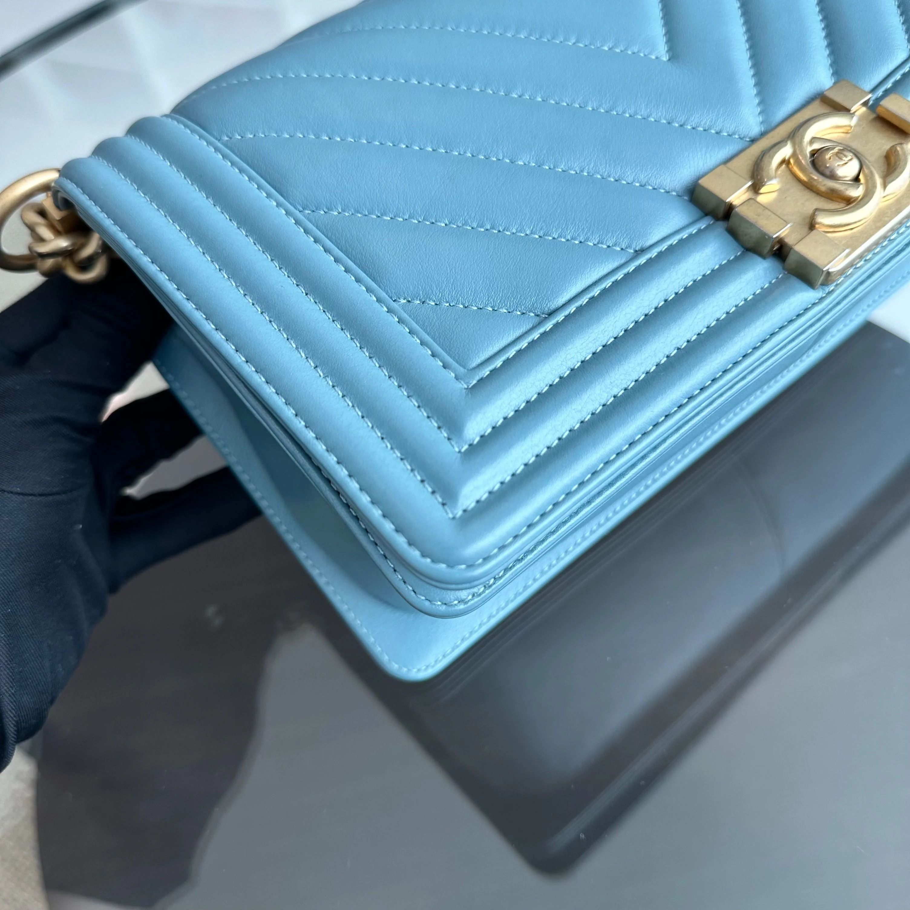 *Calfskin* Chanel Boy Old Medium 25CM Calfskin Chevron Leboy Baby Blue GHW No 25 - Best Luxury Designers