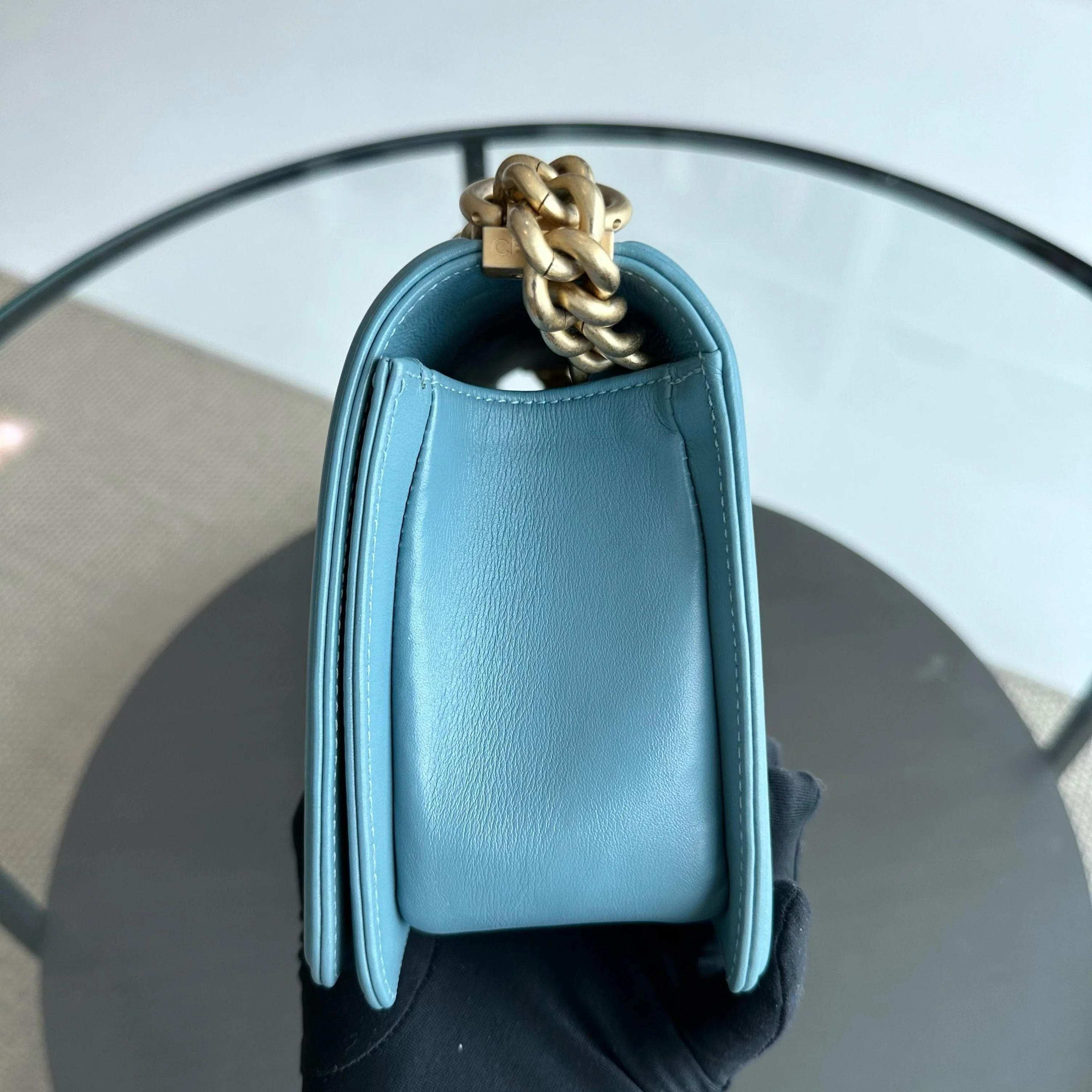 *Calfskin* Chanel Boy Old Medium 25CM Calfskin Chevron Leboy Baby Blue GHW No 25 - Best Luxury Designers