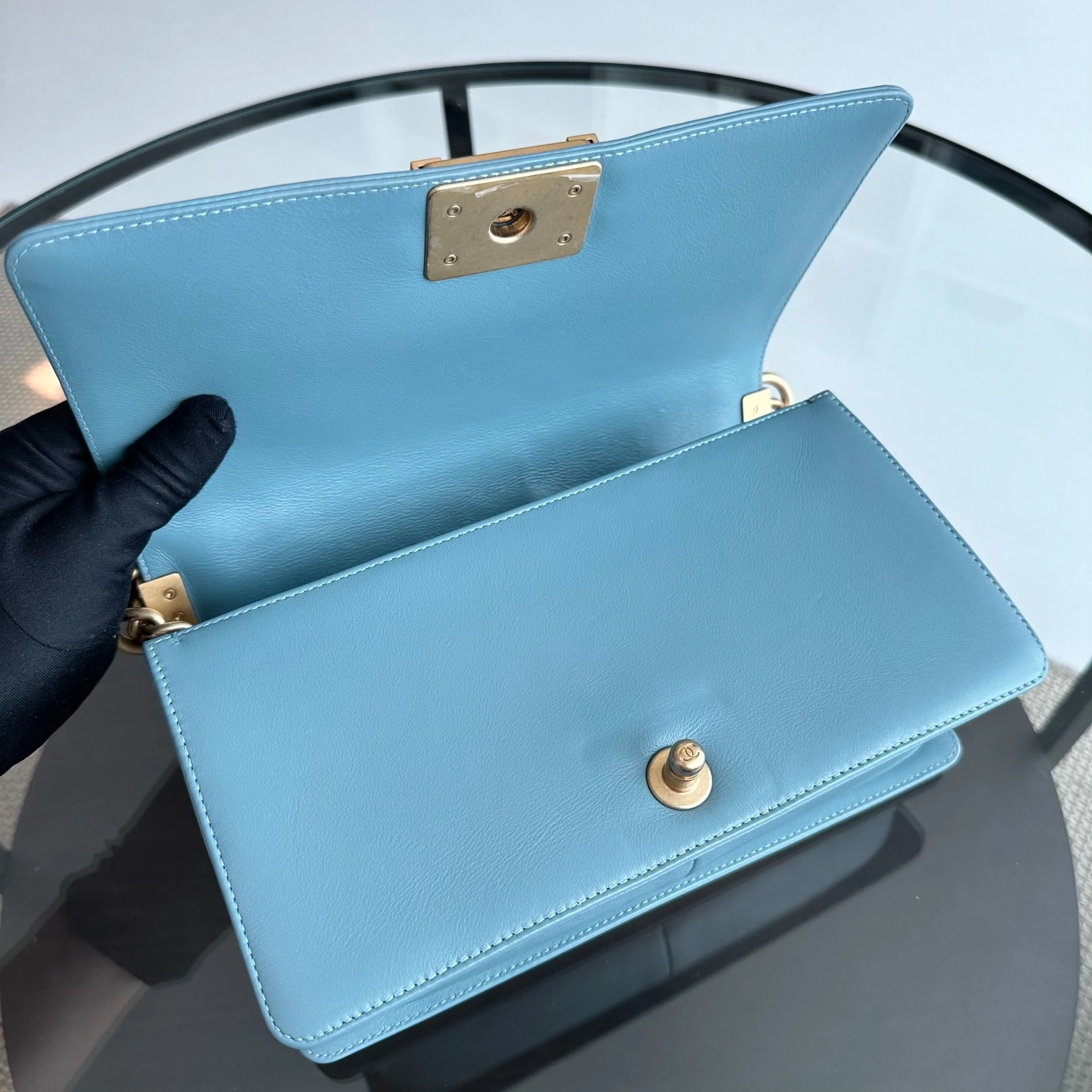 *Calfskin* Chanel Boy Old Medium 25CM Calfskin Chevron Leboy Baby Blue GHW No 25 - Best Luxury Designers