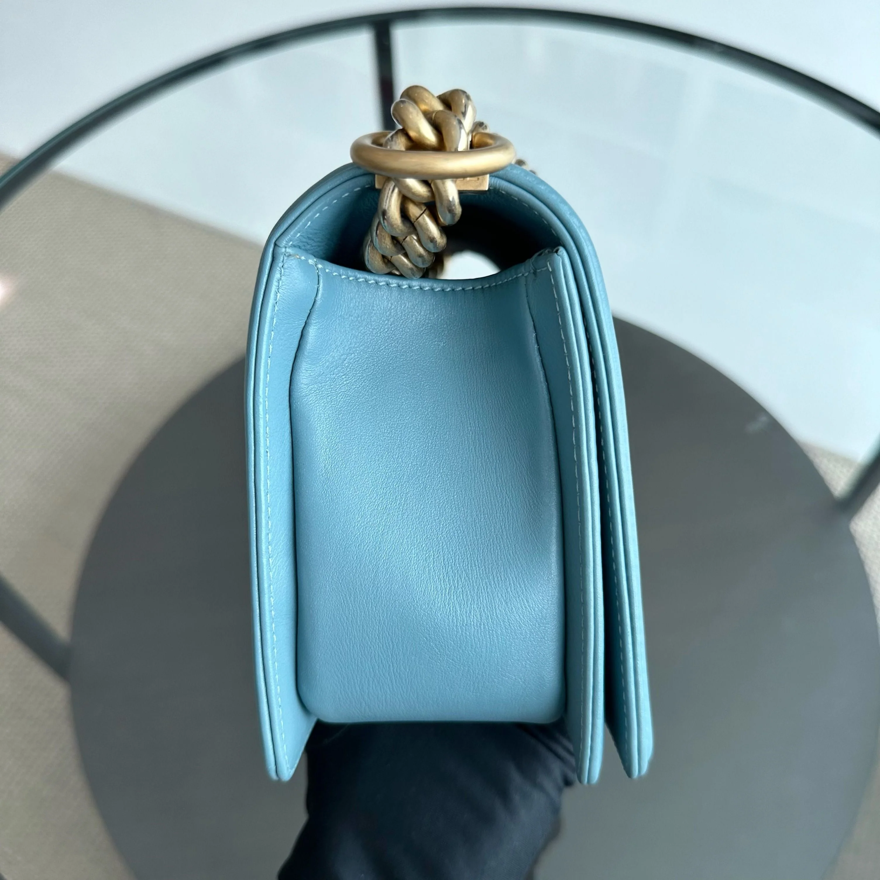 *Calfskin* Chanel Boy Old Medium 25CM Calfskin Chevron Leboy Baby Blue GHW No 25 - Best Luxury Designers