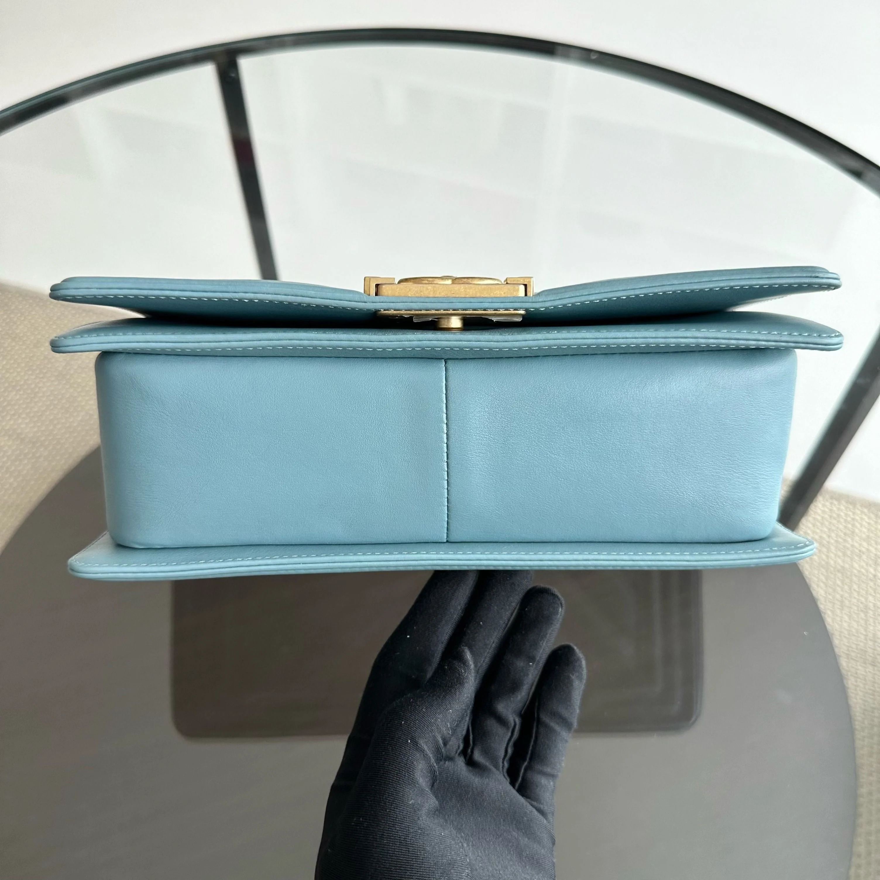 *Calfskin* Chanel Boy Old Medium 25CM Calfskin Chevron Leboy Baby Blue GHW No 25 - Best Luxury Designers